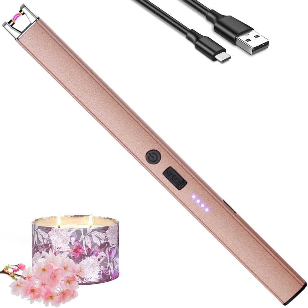 Lighter Electric Candle USB Type C Rechargeable Lighter with Upgraded LED Battery Display Safety Switch Flameless Plasma Windproof for Cooking Bbqs Fireworks, Gifts for Women Men Mom Wife (Rose Gold)