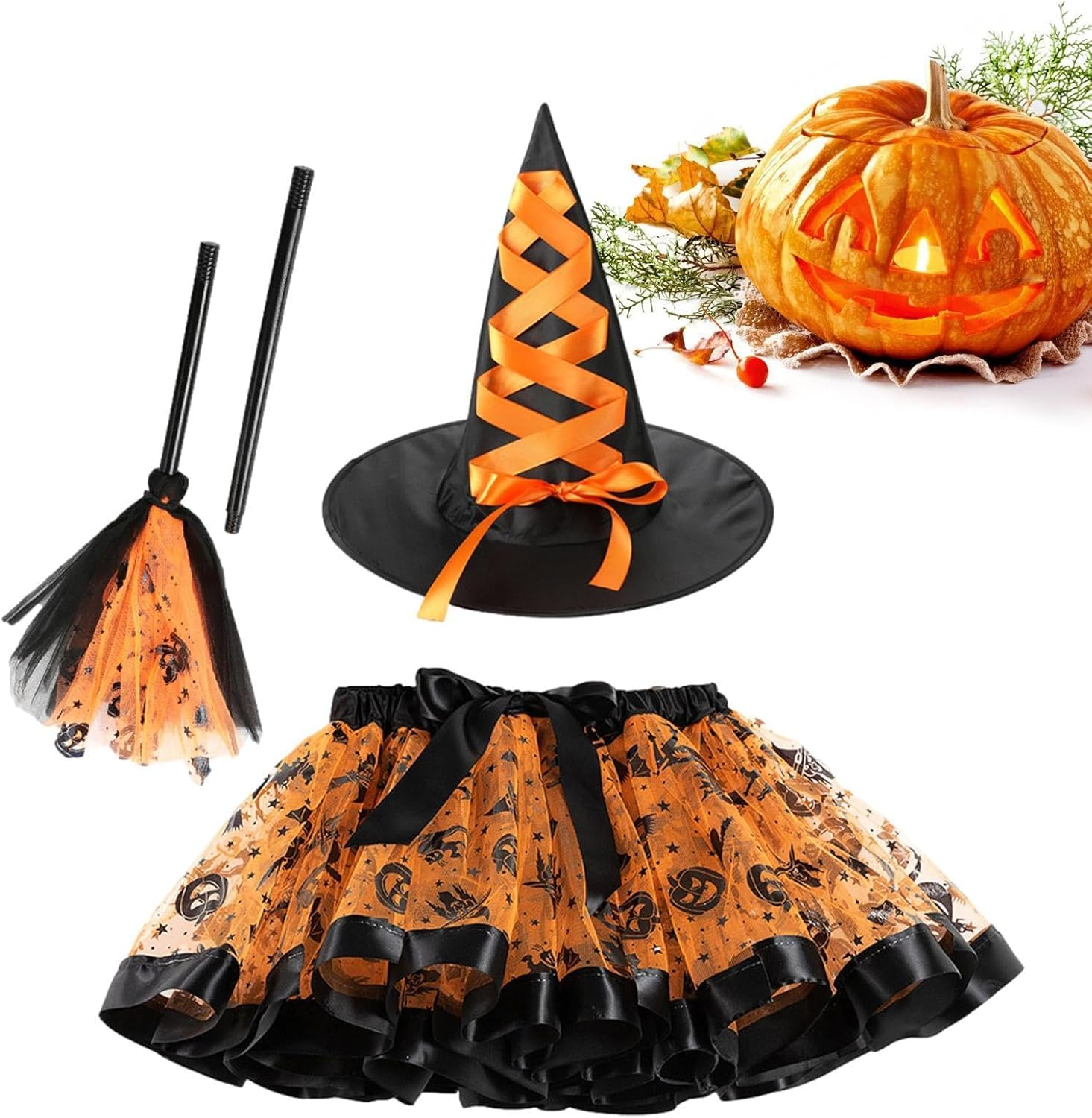 Girls Witch Costume | Cosplay Costume with Hat and Broom – Witch Tutu Skirt, Role Playing Props for Halloween