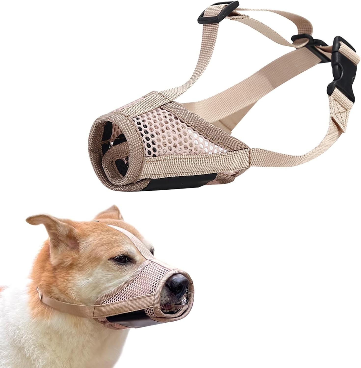 Breathable Dog Muzzle for Small Medium Large Dogs, Mesh Muzzles to Prevent Biting and Barking, Soft Comfortable Adjustable Dog Mouth Cover to Prevent Eating & Chewing (Khaki, M)