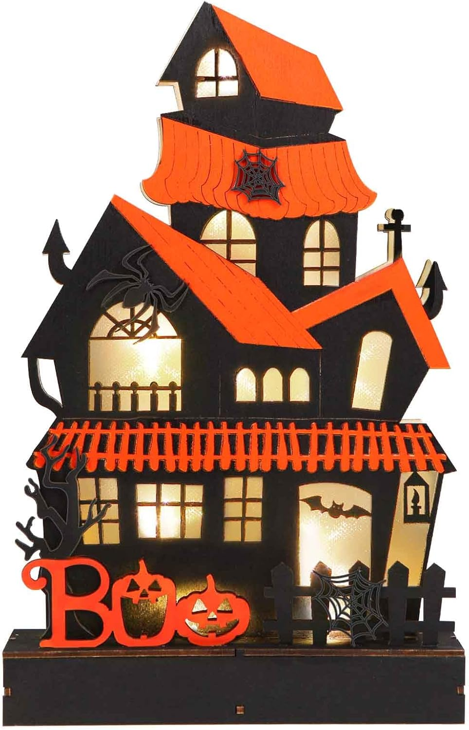 Halloween Decorations Indoor Haunted House Lights, Wooden Halloween Tabletop Decoration for Home, Battery Operated Light up Halloween Decor for Desk Table Fireplace Room Halloween Party Decoration