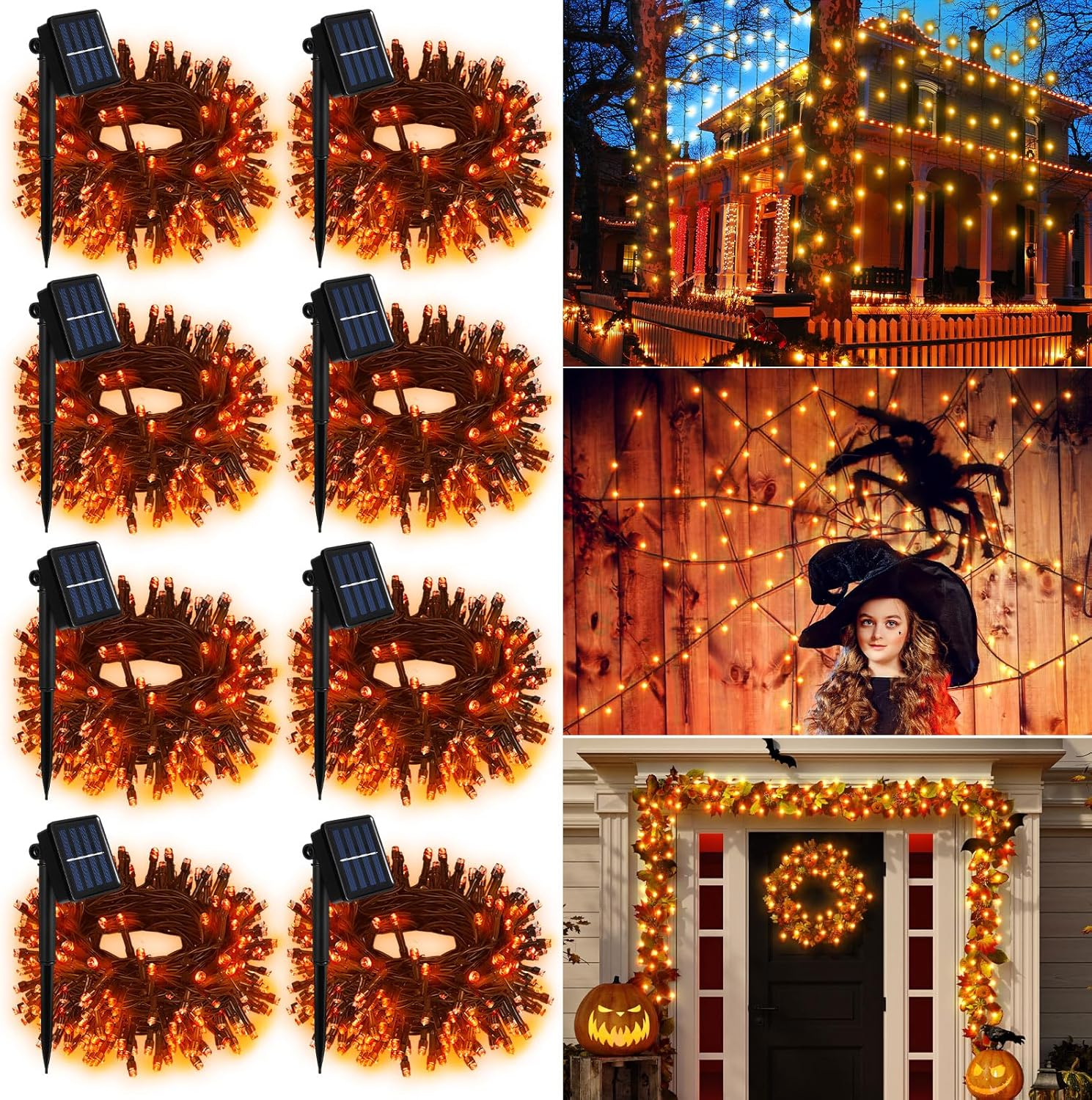 Retisee 8 Pcs Halloween Solar Christmas Lights Outdoor Waterproof, Solar Energy 100LED 33Ft LED String Lights, Solar Fairy Lights for Xmas Tree Party Wedding Garden Decorations (Orange)