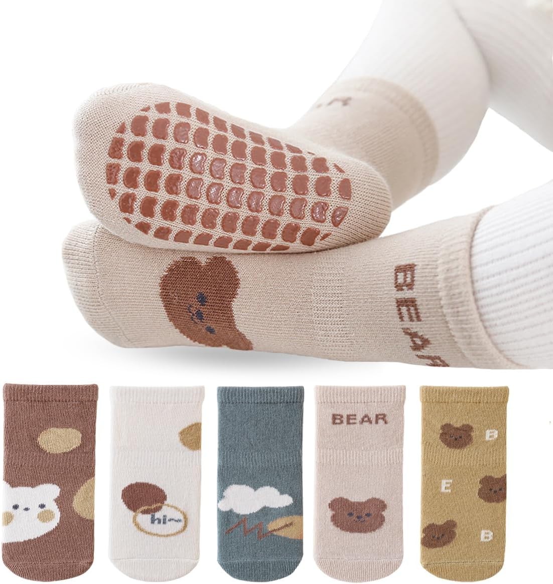 5 Pairs Baby Non Slip Grip Socks, Ultra-Soft Cotton Toddler Crew Socks for 0-12 Months/1-3/3-5 Years Old Boys Girls Kids Children Infant Anti-Slip Crawling Socks Unisex Ankle Socks for Babies Boy Girl