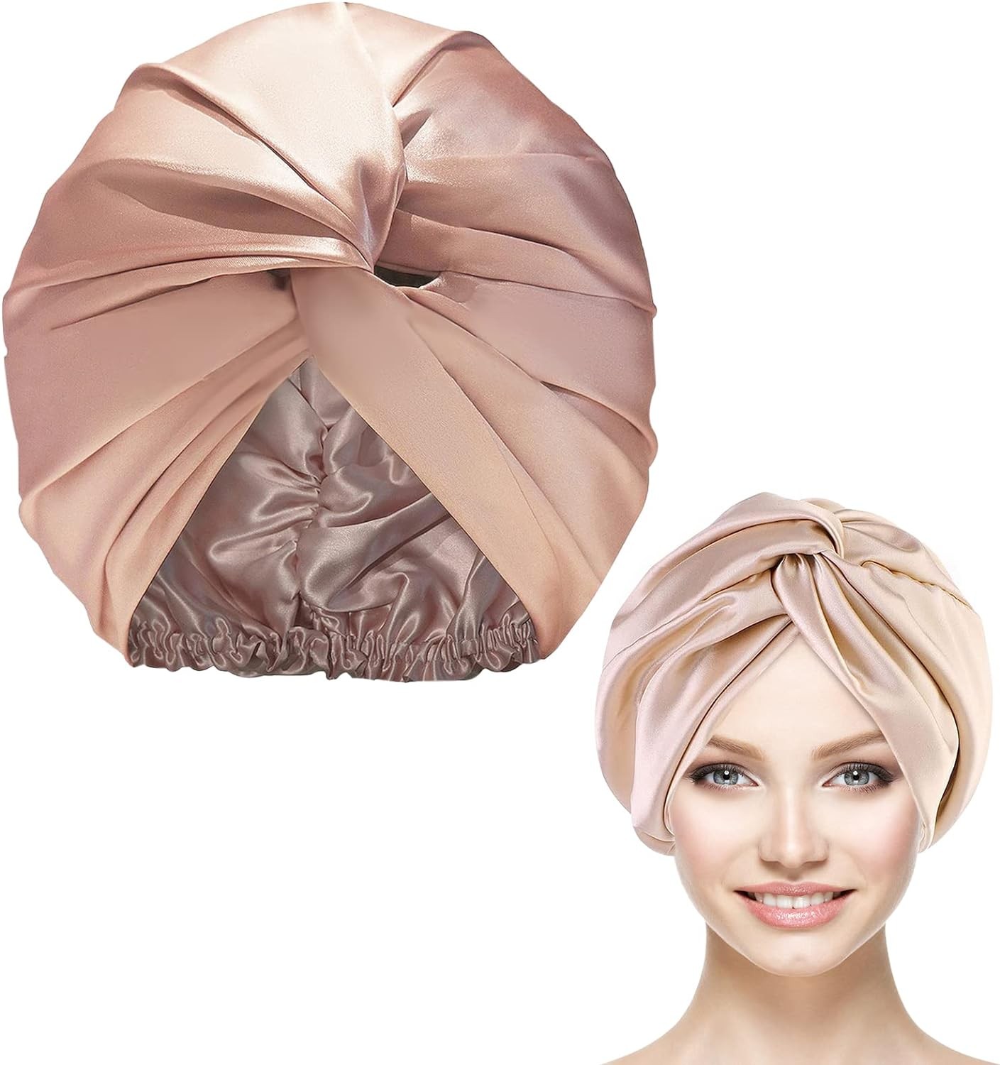 Silk Hair Wrap for Sleeping, Mulberry Silk Bonnet Double-Sided Sleep Cap Sleep Turban Hair Bonnet for Curly Hair Women Silk Sleep Cap with Elastic Bow Stay on Head, Champagne