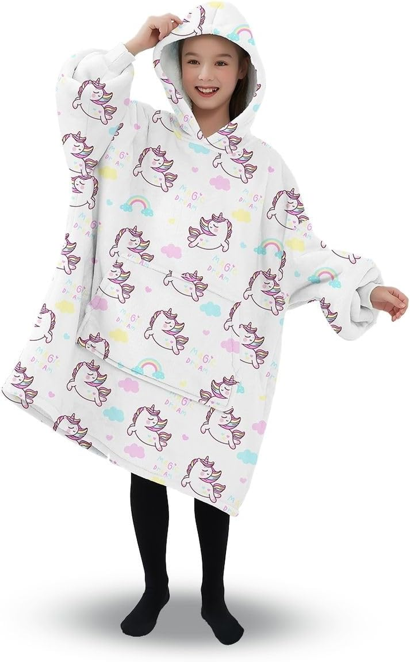 Gominimo Kids Hoodie Blanket, Warm, Cosy Double Layers, Large Pockets, One Size Fits All, Perfect for Indoor Lounging or Outdoor Adventures, Machine Washable, Unicorn White