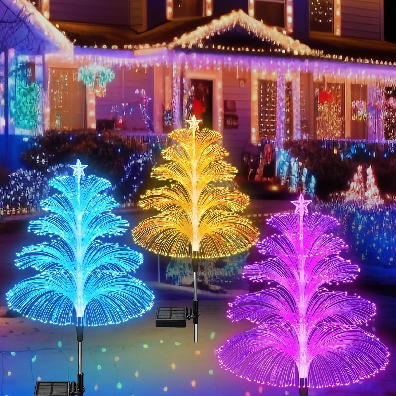 3PCS Solar Christmas Decorations Trees Lights Outdoor Waterproof Solar Christmas Tree Jellyfish Lights 5 Layer Optical Fiber 7 Color Changing for Pathway Lawn Patio Solar Christmas Lights Outdoor