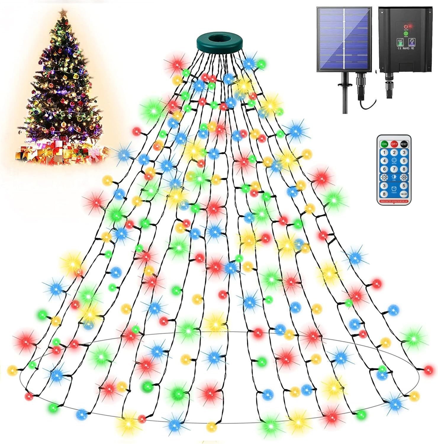 XIJUAN Solar Christmas Tree Lights,Outdoor Christmas Tree Decorations Lights – 400 LED 2M X 16 Lines 8 Modes Solar Powered Christmas Tree Waterproof for Decor String Lights New Year Decor (Multicolor)