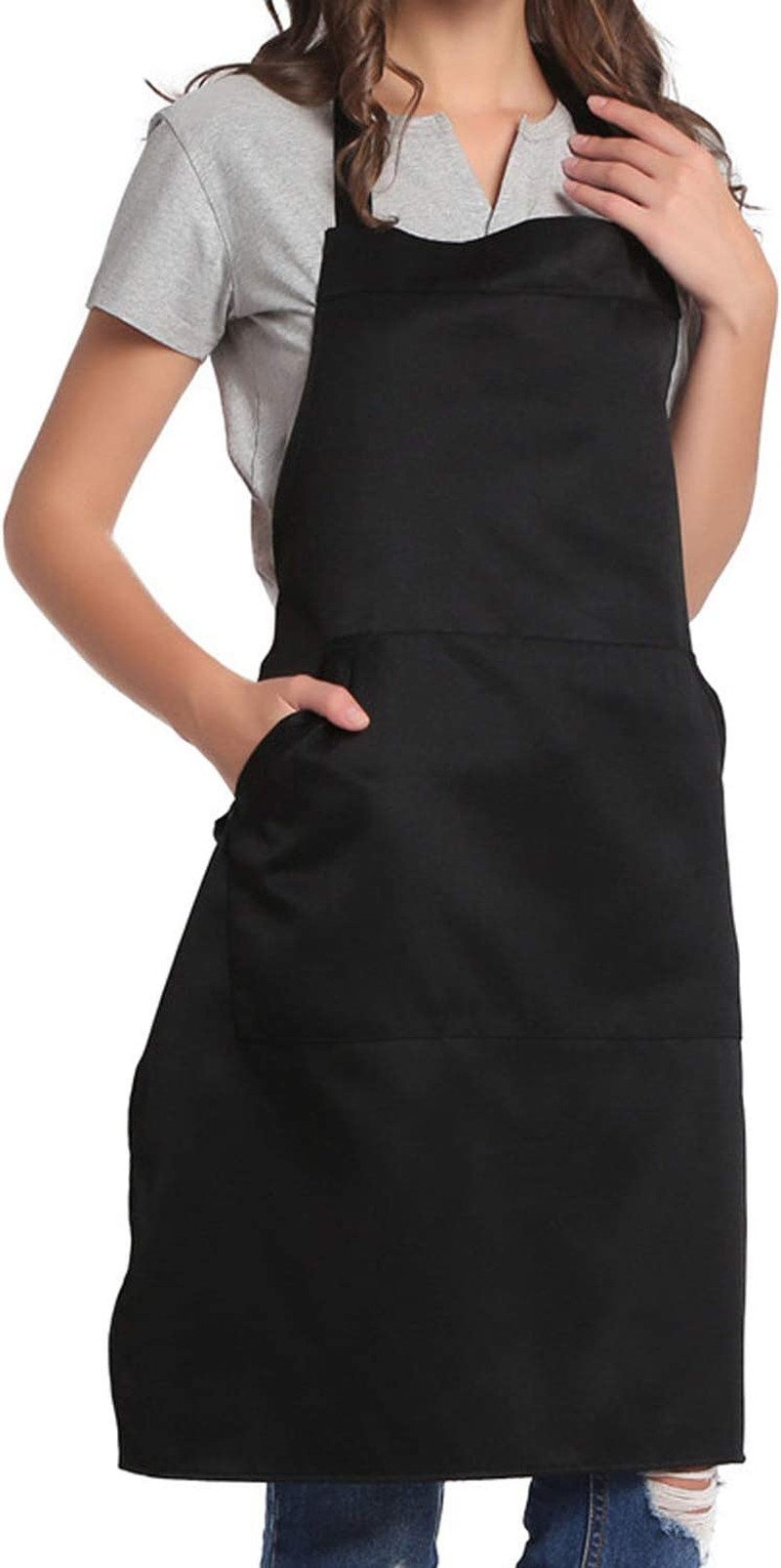 BIGHAS Adjustable Bib Apron with Pocket Extra Long Ties for Women Men, 18 Colors, Chef, Kitchen, Home, Restaurant, Cafe, Cooking, Baking (Black)