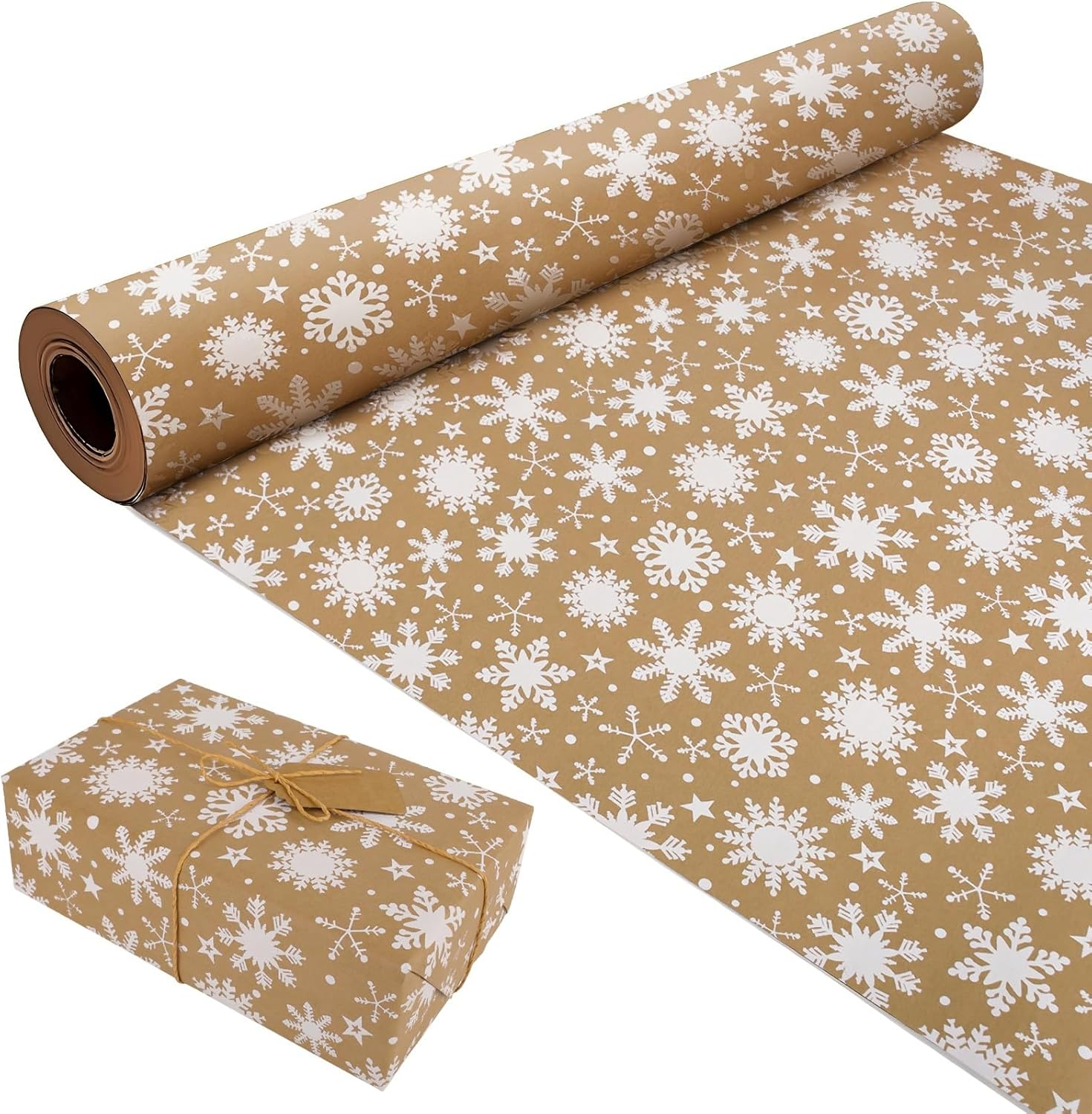 ZCOINS Christmas Snowflake Pattern Wrapping Paper Roll, 43Cm X 15M Brown Kraft Gift Wrapping Paper with Twine for Christmas New Year Winter Boxes Decorations Wrapping and Packing