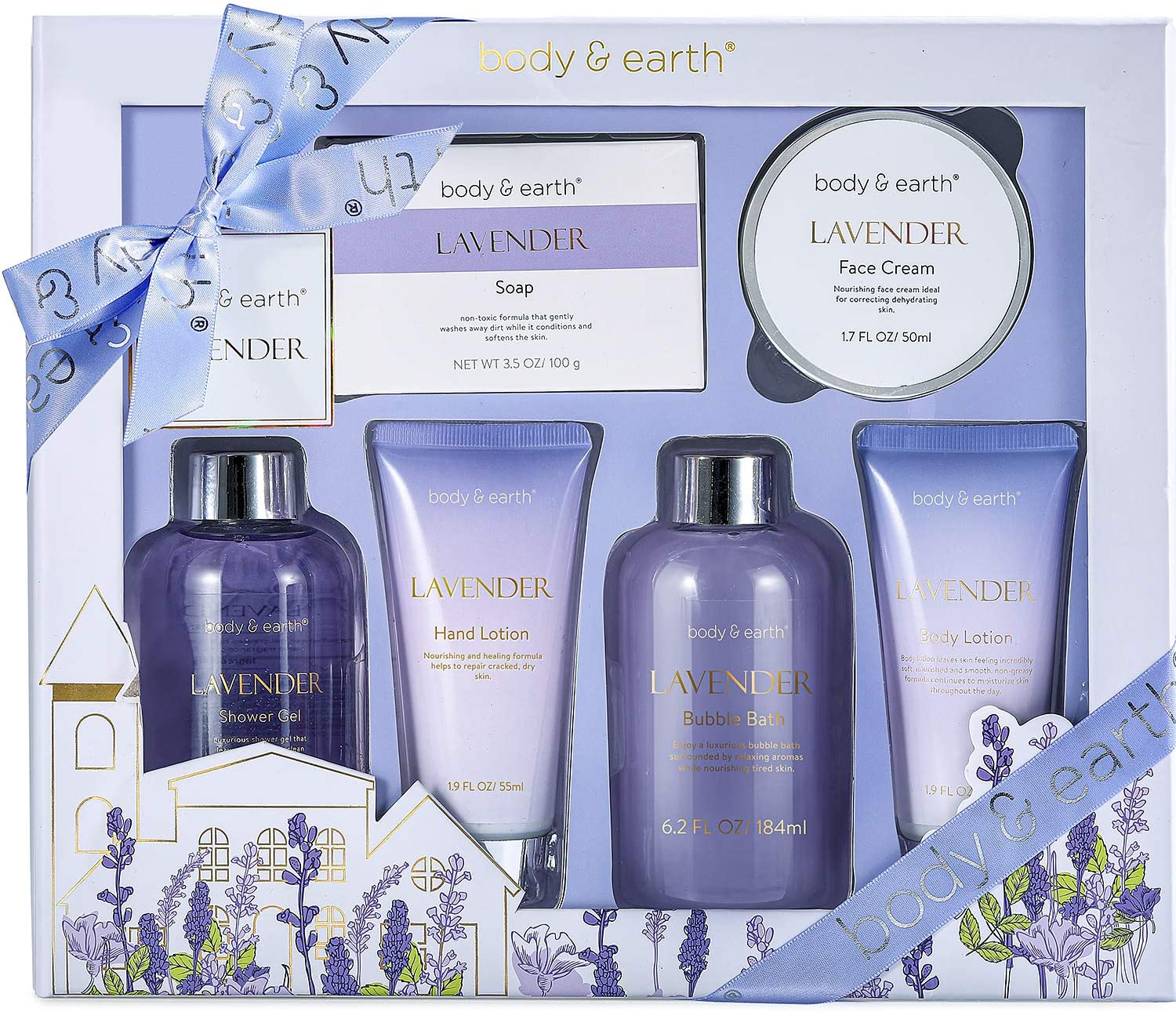 Body & Earth Bath and Body Gift Set – Luxurious 6 Pcs Bath Kit for Women, Spa Set with Lavender Scent – Bubble Bath, Shower Gel, Hand & Face Cream, Body Lotion, Hand Soap, Perfect Gift Box for Women