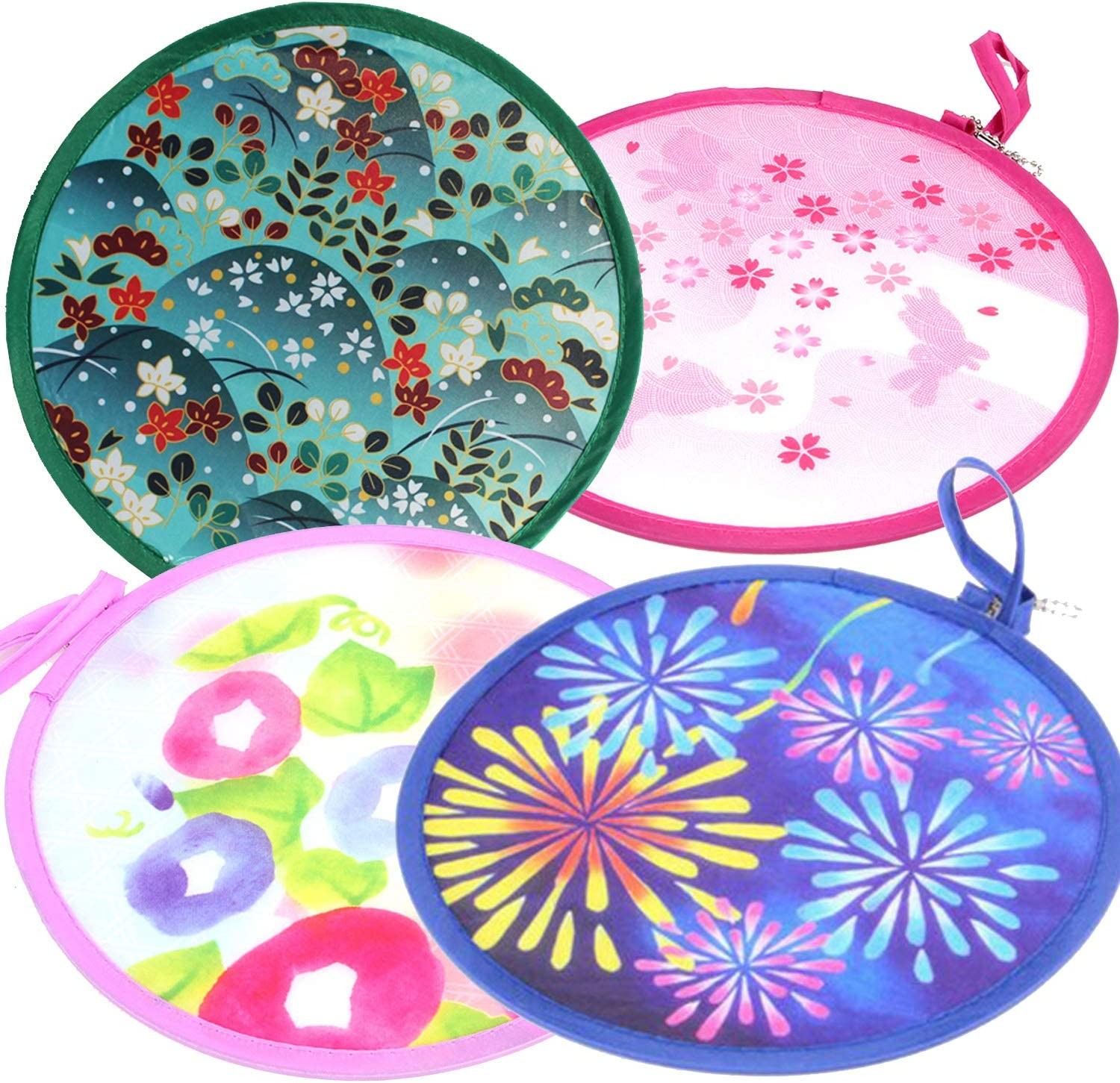 MXY Foldable Fan Japanese Style Summer Handheld round Folding Fan Beautiful Pattern Festival Decor Wedding Birthdays Home Decoration 4 Units Different Patterns