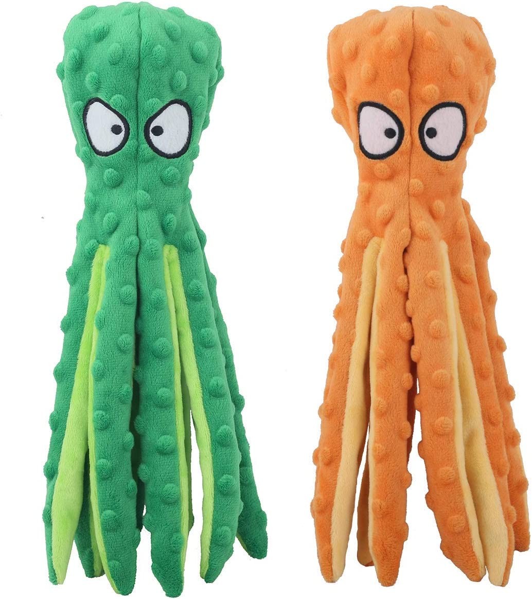 CPYOSN Dog Squeaky Toys Octopus – No Stuffing Crinkle Plush Dog Toys for Puppy Teething, Durable Interactive Dog Chew Toys for Small to Medium Dogs Training and Reduce Boredom, 2 Pack (Orange+Green)