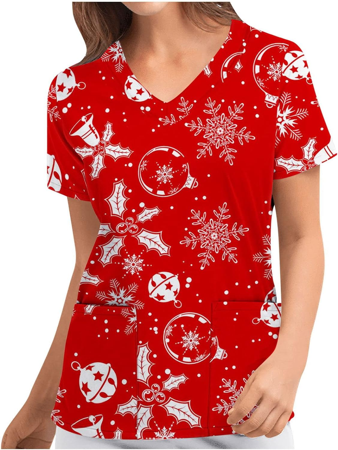 FYKEY Women’S Christmas V-Neck Short Sleeve Nursing Uniform Xmas Santa Gifts Printed Workwear Holiday Graphic Tees Blouse Scrubs Tops with Pockets