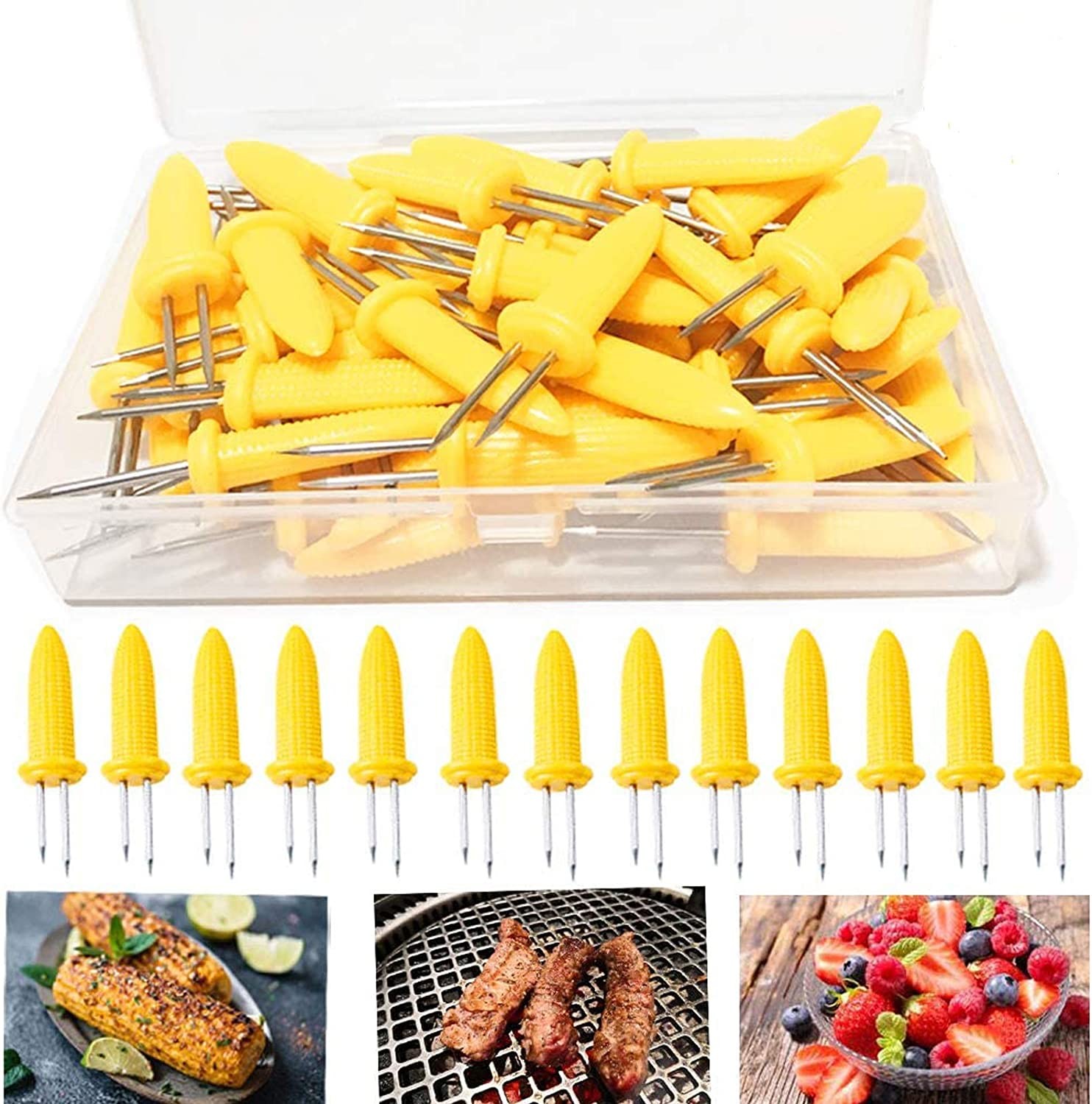 Corn Holders 50 Pieces Stainless Steel Corn on the Cob Holders Skewers with Storage Box for Outdoor BBQ Cooking