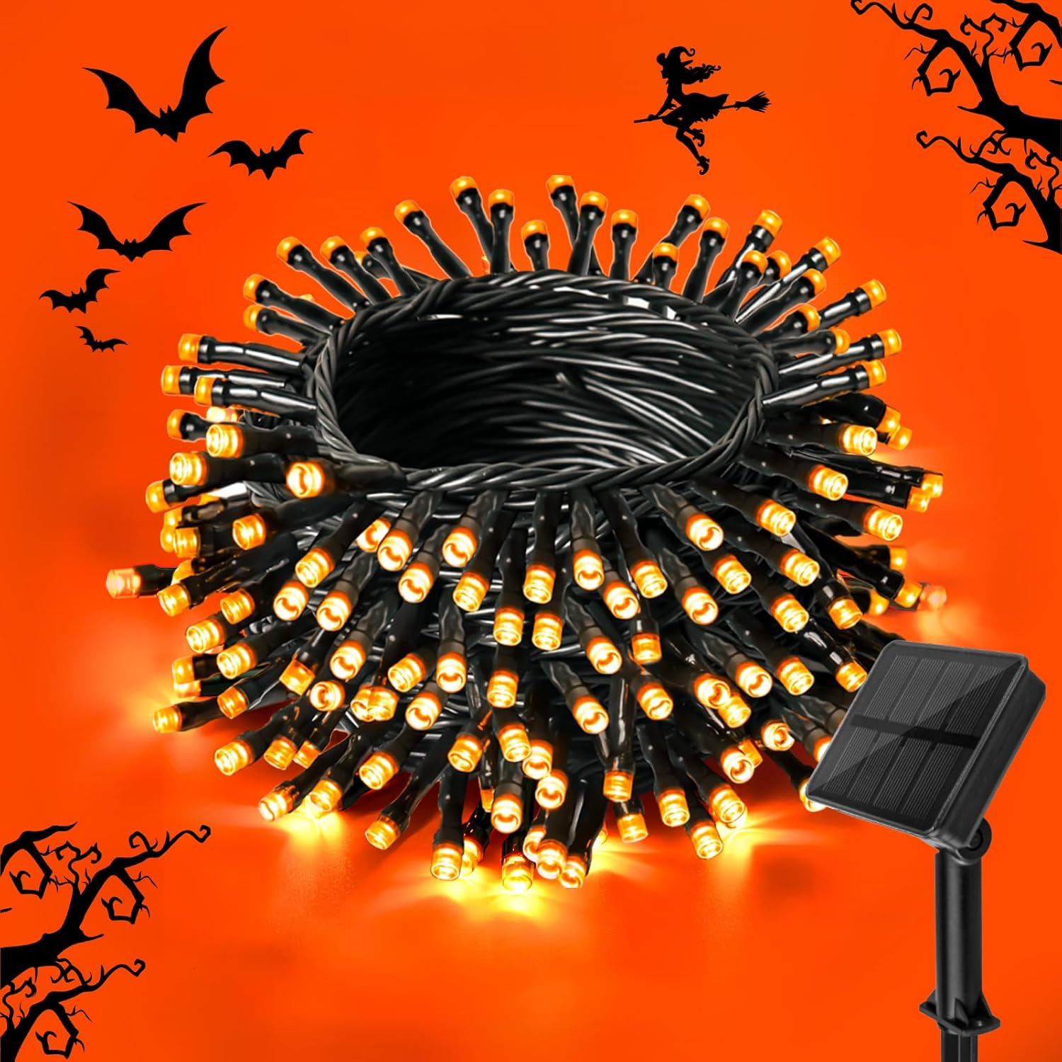 Cshare Solar String Lights for Halloween, Orange Halloween String Lights 39.4Ft 120LED 8 Modes for Garden Yard Patio Tree Christmas Deorations