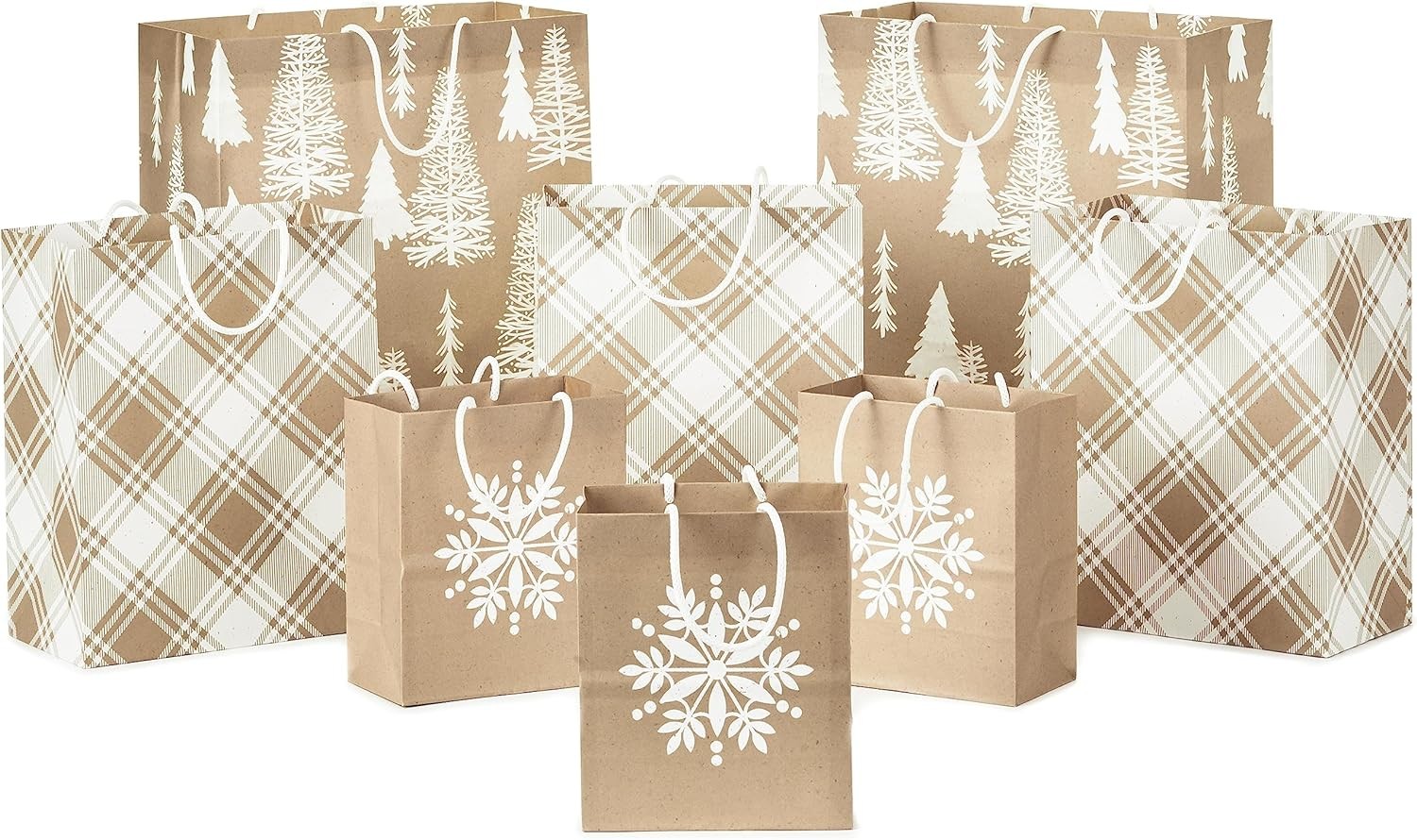 Hallmark Recyclable Holiday Gift Bags (8 Bags: 3 Small 6″, 3 Medium 9″, 2 Large 13″) Kraft Brown with Snowflake, Plaid and Trees for Christmas, Hanukkah, Weddings, Birthdays, Brown Kraft, White Snowflake, Rustic Plaid, Trees, Assorted (0005XGB1417)