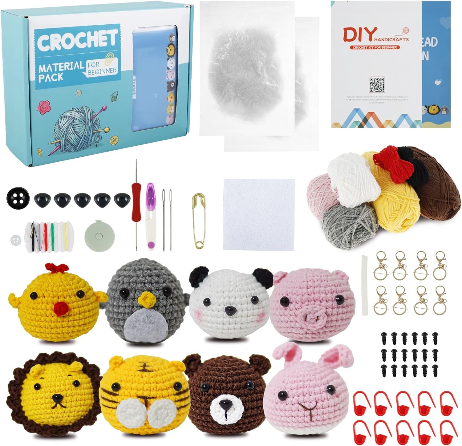 8Pcs Crochet Kit for Beginners,Ergonomic Adorable Animal Crochet Starter Pack with Yarn Stuffing and Keychain,Diy Crochet Craft Kit with Step-By-Step Instructions and Video Tutorials,Crochet Starter Pack for Adults