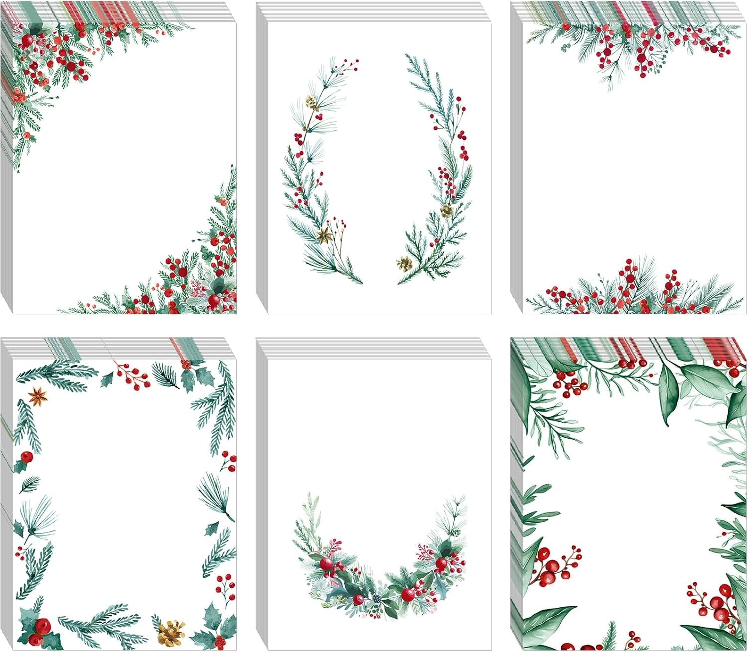 Watersay 180 Sheets Christmas Stationery Paper Pine and Berry Holiday Stationery Paper Watercolor Winter Letterhead for Notes Xmas Greeting Card Invitation Office School Printing, 8.5″ X 11″(Elegant)