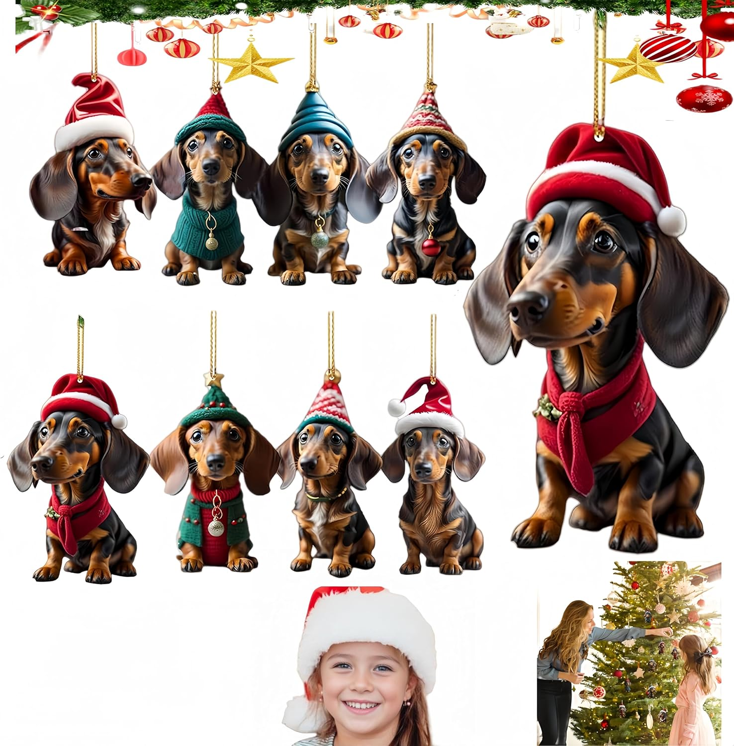 Febohao 9Pcs Christmas Ornaments Dog Dachshund Christmas Tree Decorations 2D Acrylic