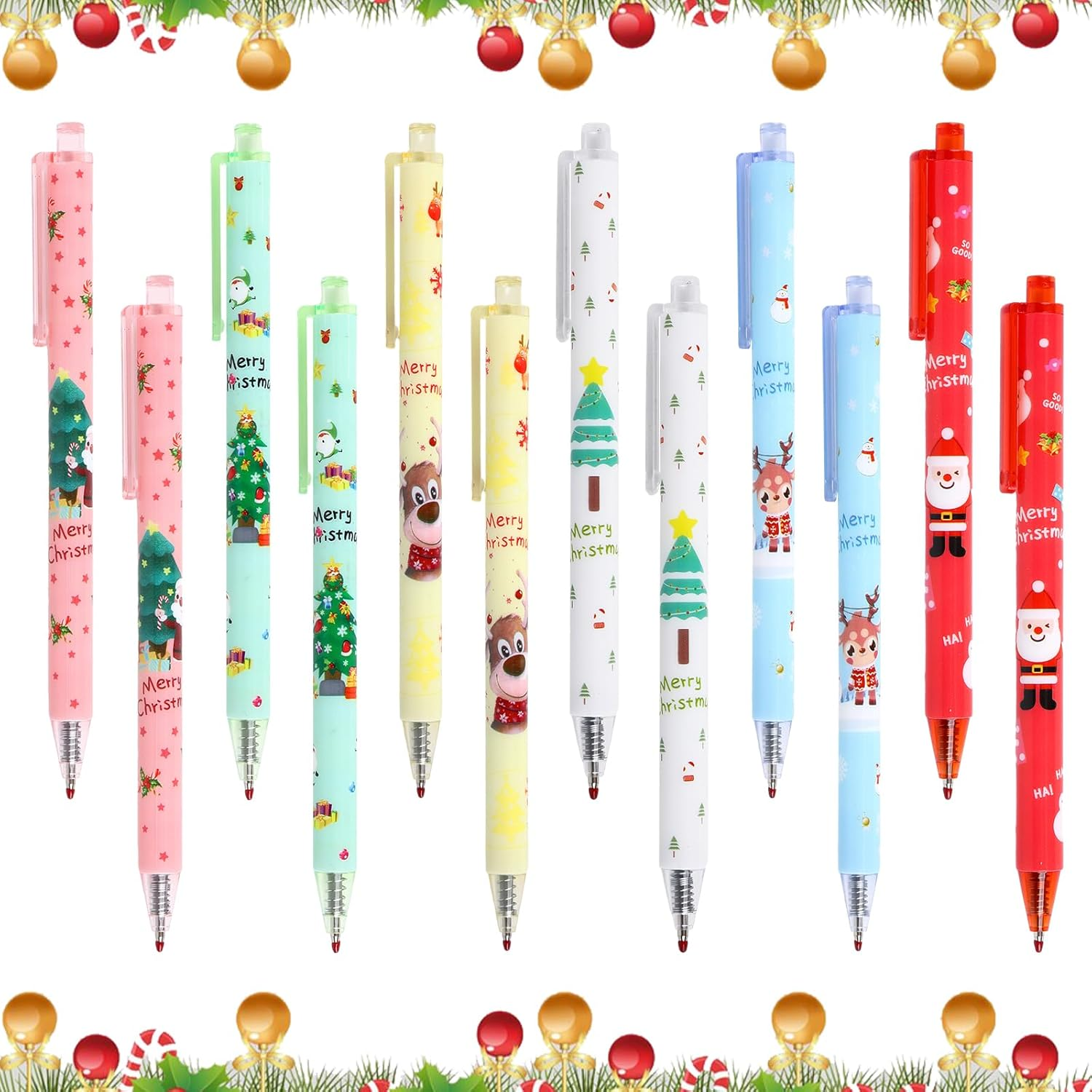 TSLBW 12 Pcs Christmas Gel Ink Pens Cartoon Santa Reindeer Christmas Tree Marker Pen Xmas Party Favor Gift School Office Family Stationery Supply Party Bag Filler (A)