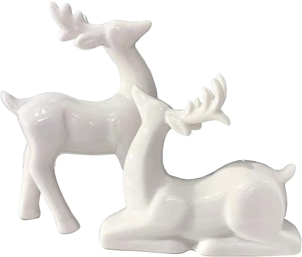 Kiaotime Porcelain Christmas Reindeer Figurines, Pack 2 Mini Animal Decor Deer Statues Sculpture Tabletop Ornaments for Cabinet Mantel Shelves Fireplace Home Décor Accents Collectible Figurines White