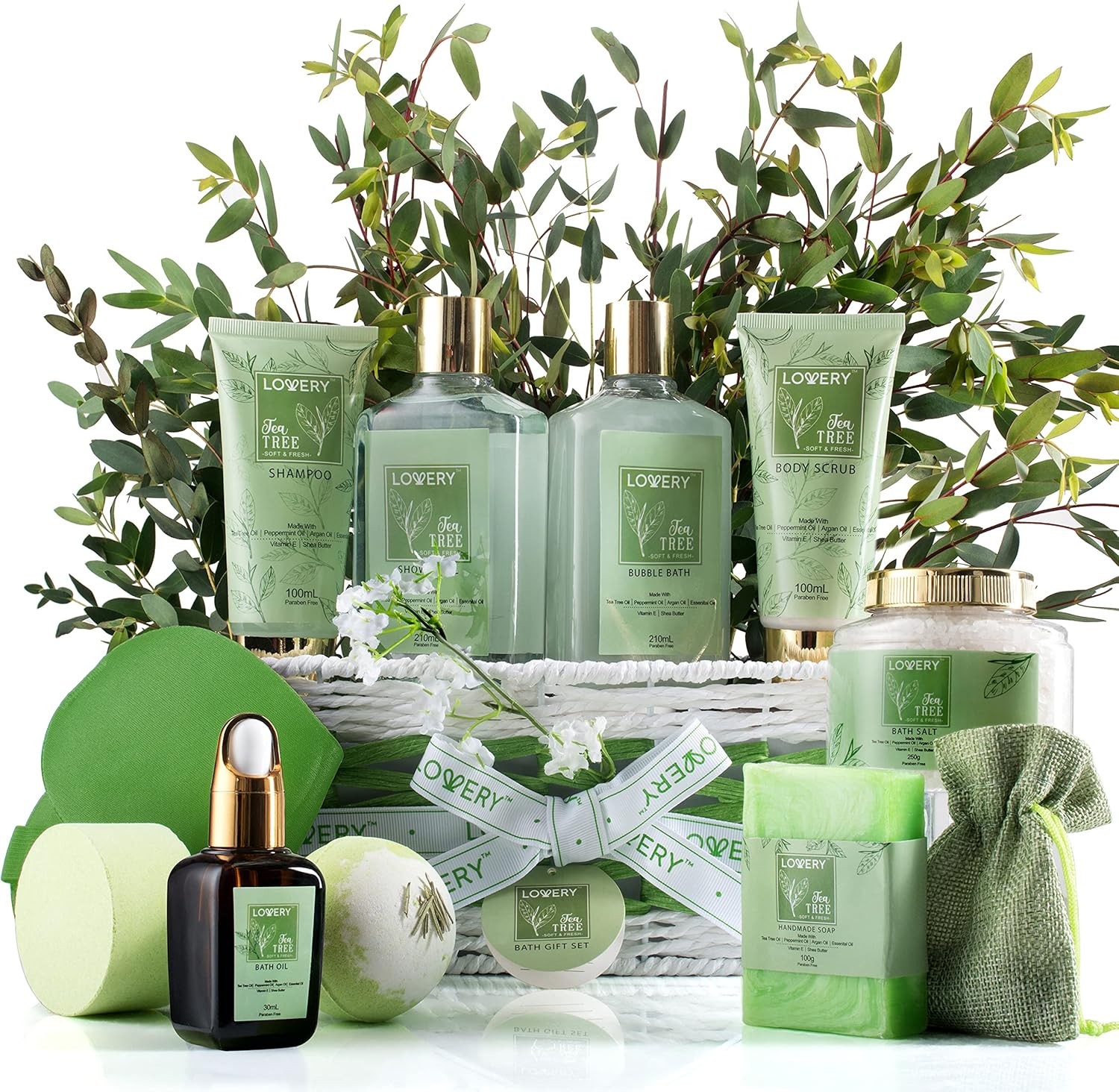 Tea Tree Bath Set – Luxury Home Spa Set with Calming Mint Fragrance – 15 Pc Relaxation Gift Basket with Tea Tree Bath Oil,Shower Gel, Bubble Bath, Handmade Soap, Steamer Tablet, Potpourri & More