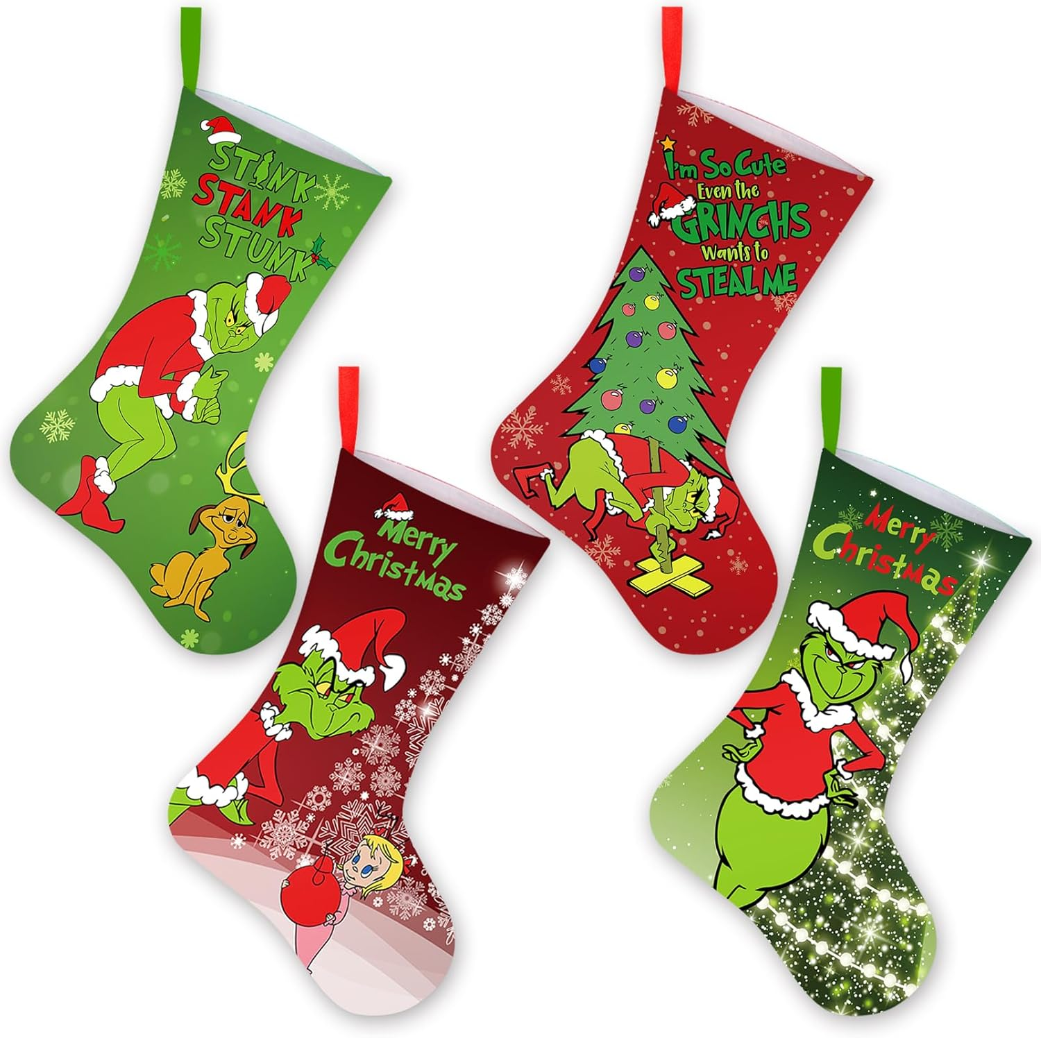 Yanleen 4 Pack Grinchs Christmas Stockings, 18 Inch Large Stocking Christmas Bulk Grinchs Christmas Decorations Grinches Decor Ornaments Holiday Home Indoors