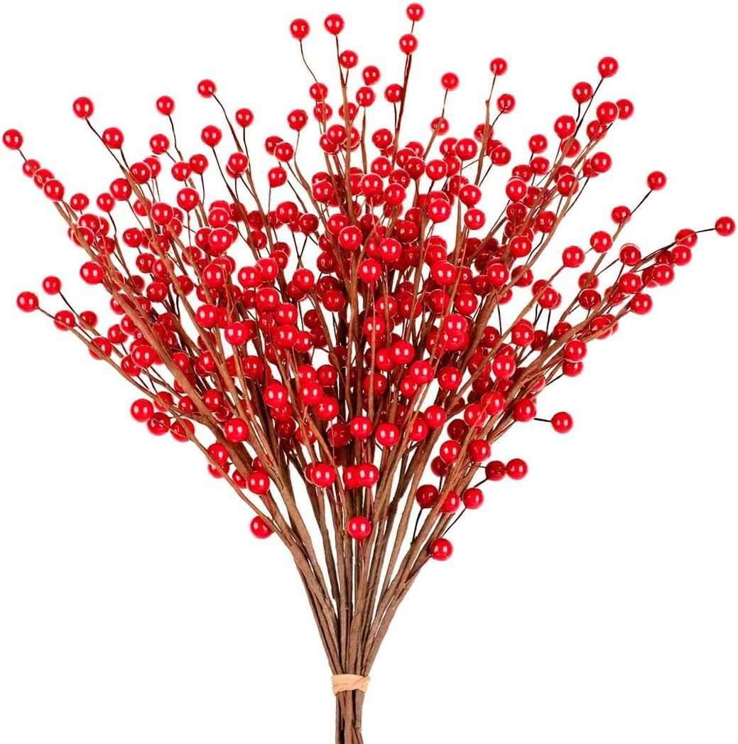 Idopick Christmas Red Berry Twig Stem, 20 Pack Artificial Burgundy Berry Picks for Christmas Tree Decorations DIY Wreath Craft Home Holiday Party Decor