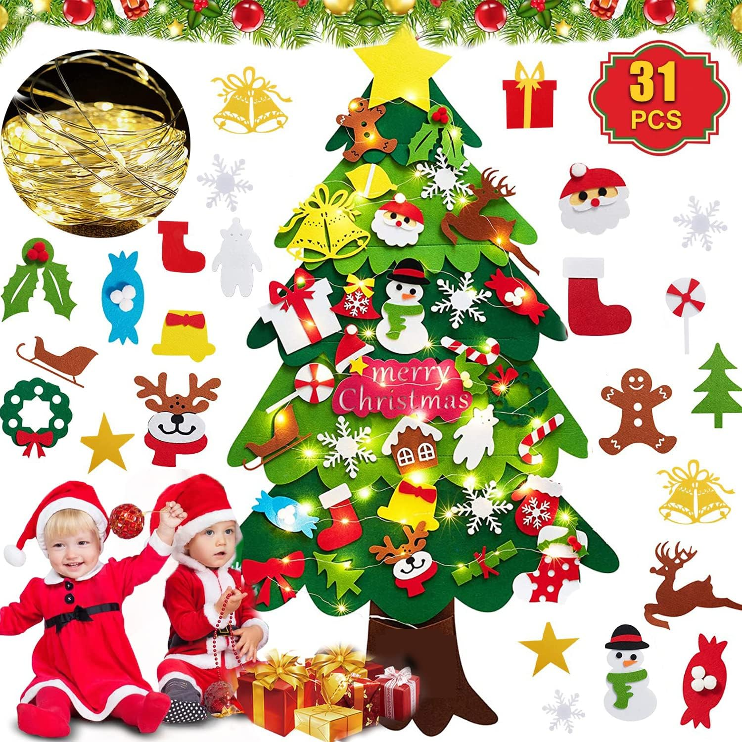 31 Pcs Felt Christmas Tree Decorations Set for Kids Toddlers Gifts DIY Hanging Felt Xmas Trees Detachable Ornaments Christmas Decor for New Year Home Door Window Wall Hanging Decoration