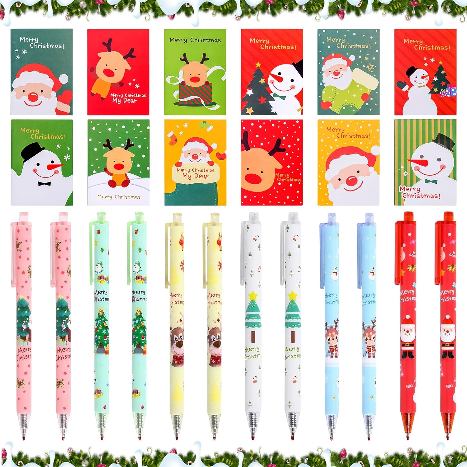 Pack of 24 Christmas Stationery Set, Mini Notepads Christmas Children, Christmas Gel Ink Pens, Christmas Party Favour Gift School Office Family Stationery Supply Party Bag Fillers (B)