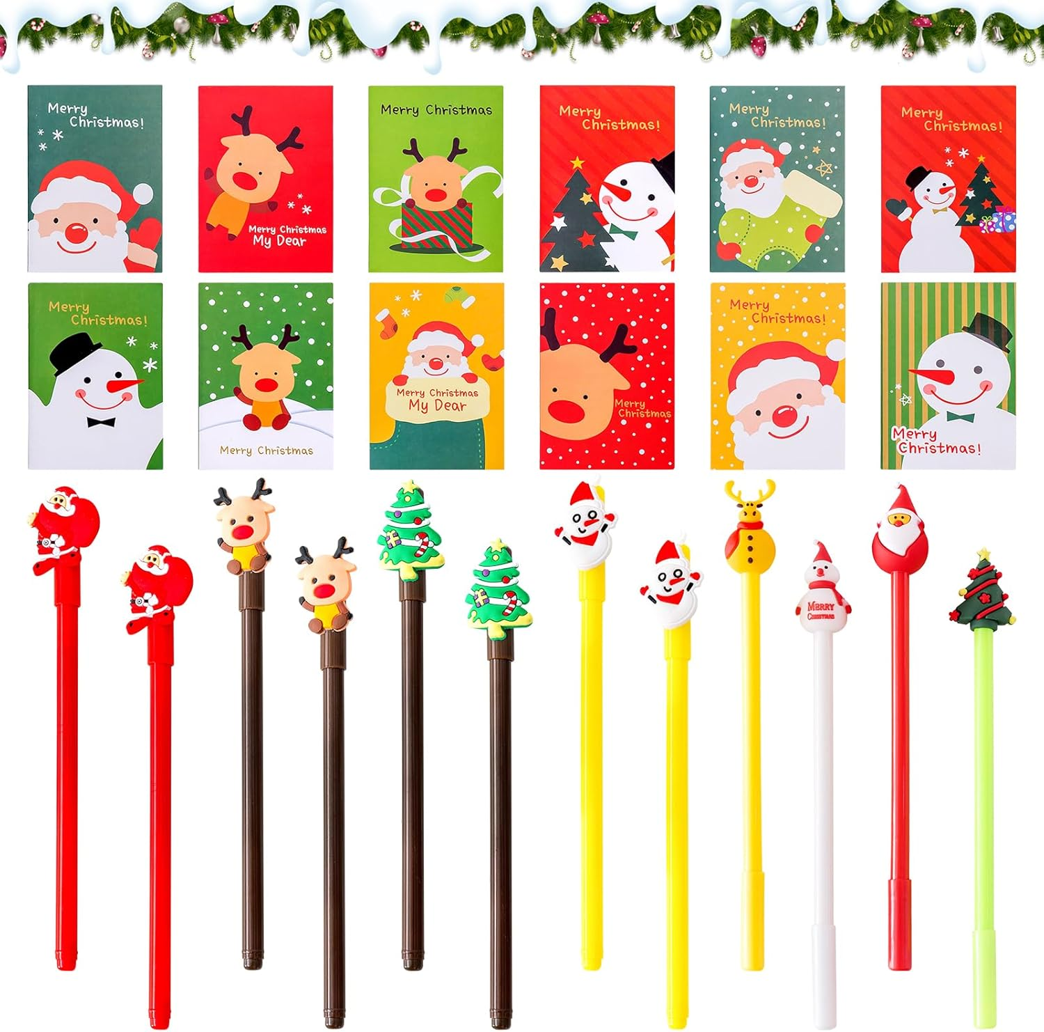 Pack of 24 Christmas Stationery Set, Christmas Small Items, Christmas Notepad and Ballpoint Pen, Christmas Neutral Pen, Cartoon Christmas Stationery for Children, Birthday Gift (A)