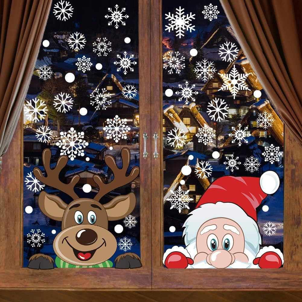 CCINEE 6 Sheets 300 Pcs Christmas Window Clings, Snowflake Reindeer Santa Claus Window Stickers for Christmas Window Descoration