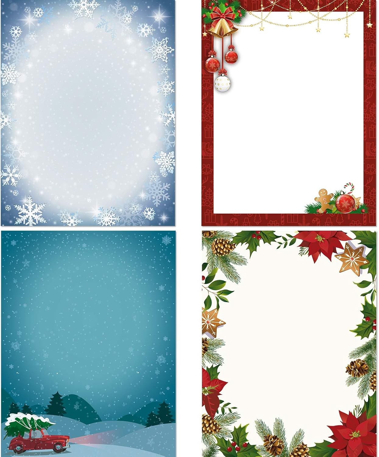 60 Pieces Christmas Stationery Paper Holiday Stationery Sheets Christmas Letterhead Paper for Writing Poems Lyrics Letters Office School, 8.5 X 11 Inch, 4 Designs