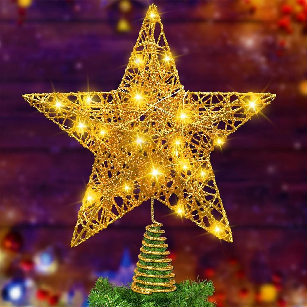 Idopick Christmas Star Tree Topper, Glitter Xmastree Decorations with Light and Remote Control Battery Operated Warm Lights Treetop Christmas Decorations Holiday, Indoor Home Party Decor (Gold)