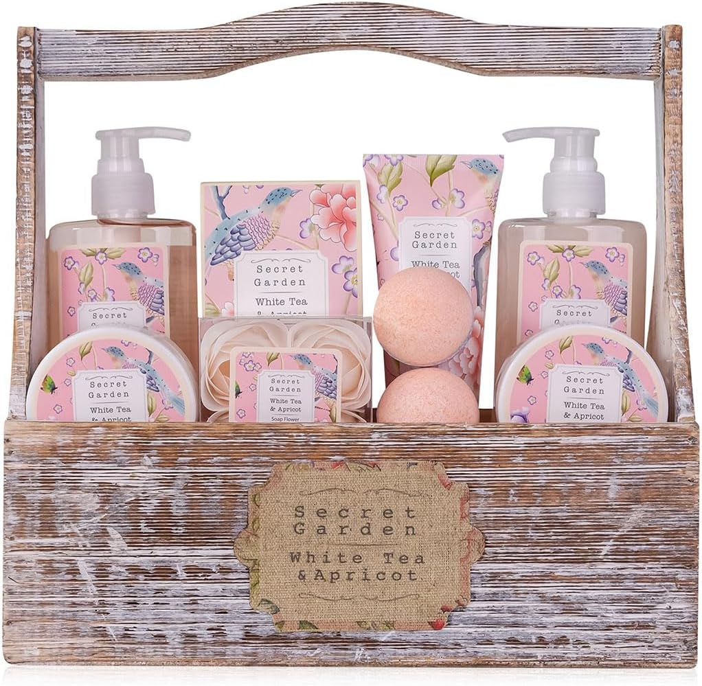 Accentra Shower Set Women Gift Set in Wooden Basket – 8-Piece Care Set with Shower Gel, Body Lotion, Bath Additives, Exfoliating & Hand Cream – Wellness Gift Set for Birthday, Valentine’S Day & Christmas