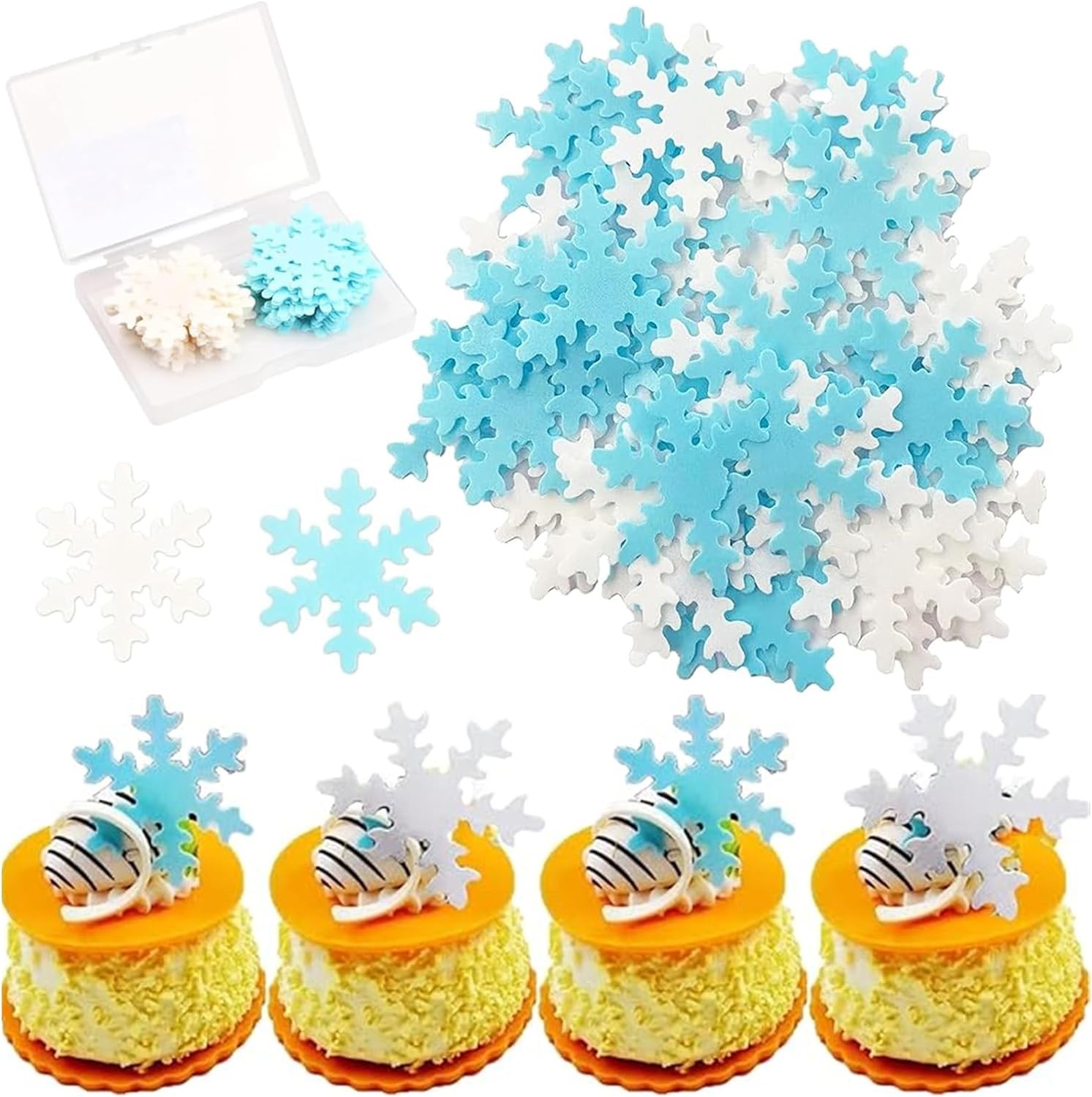 XMANX 100Pcs Edible Snowflake Cupcake Toppers, 5Cm Wafer Paper Snow Cupcake Decoration for Winter Frozen Theme Baby Shower Birthday Party Cake Decorations