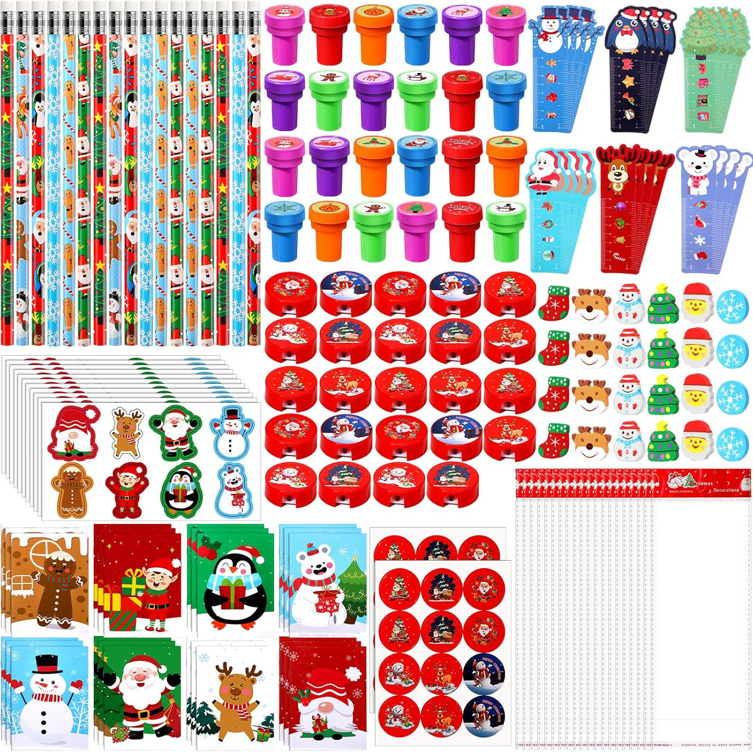 Cholemy 216 Pcs Christmas School Stationery Set Includes Christmas Notebooks Pencils Rulers Erasers Stamps Treat Bags Stickers Sharpeners for Classroom Holiday Xmas Party Supplies(Snowman)