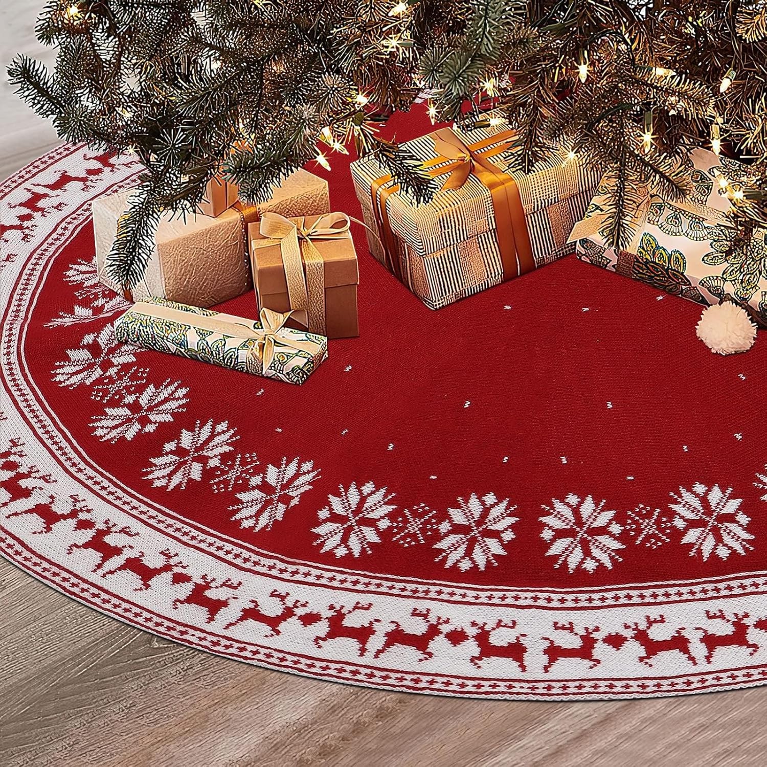 ZANZER Christmas Tree Skirt Rustic Christmas Tree Mat with Snowflake Reindeer Red Knitted Xmas Tree Skirts Thick Knitted Xmas Holiday Decoration New Year Home Party Decorations