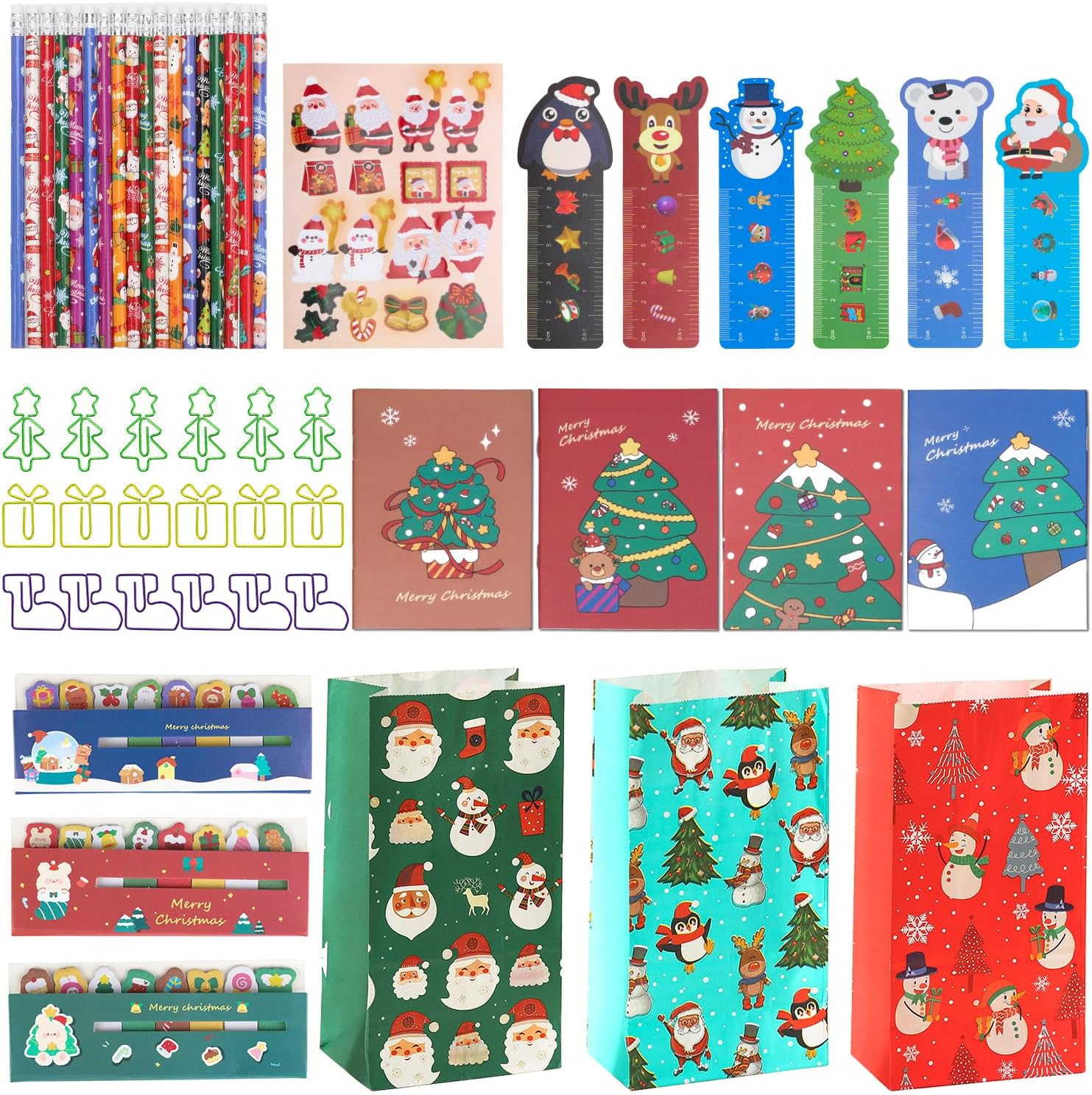 TYFYH Christmas Party Bag Set for Children, 132-Piece Stationery Set Including 18 Christmas Pencils, 18 Post It Notes, 18 Notebooks, 18 Rulers, 18 Stickers, 18 Gift Bags, 18 Paper Clips