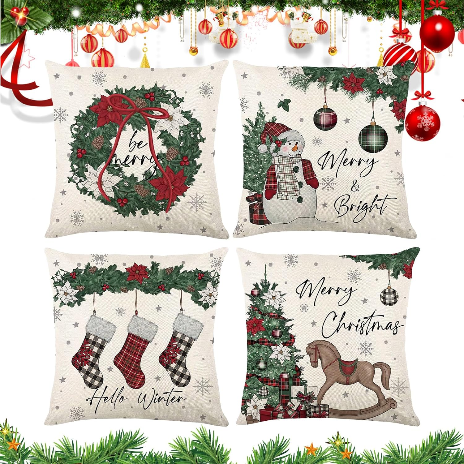 Vintage Christmas Pillow Covers 45X45 CM Set of 4 for Christmas Decorations, Xmas Pillow Cases, Holiday Party Cushion Case Decor, Square Lumbar Pillows Covers