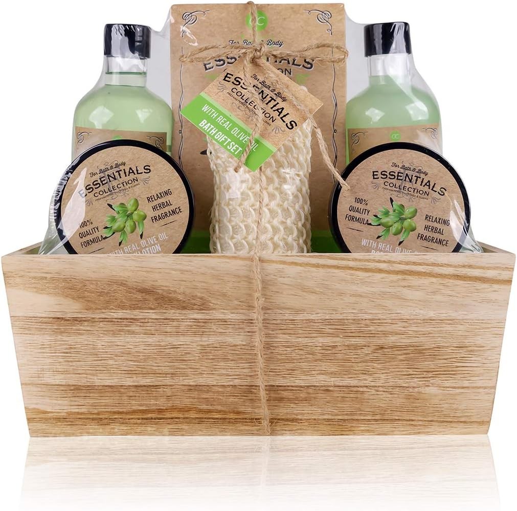 Accentra Olive Shower Set Women’S Gift Set in Wooden Basket – 6-Piece Care Set with Shower Gel, Foam Bath, Bath Salt, Body Lotion & More – Wellness Gift Set for Birthday, Valentine’S Day & Christmas