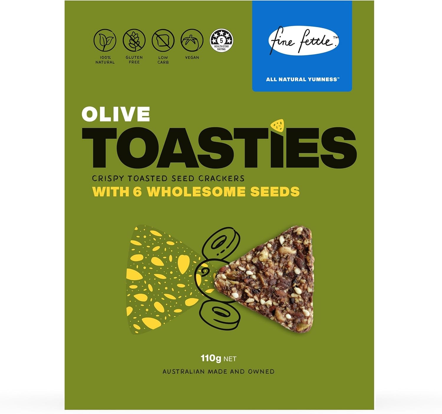 Fine Fettle Olive Toasties 110G – Carton of 3. Gourmet Crackers and Healthy Snacks – Gluten Free, Low Carb and Vegan Toasties – 100% Natural with 6 Wholesome Seeds – Crispy Toasted Seed Cracker