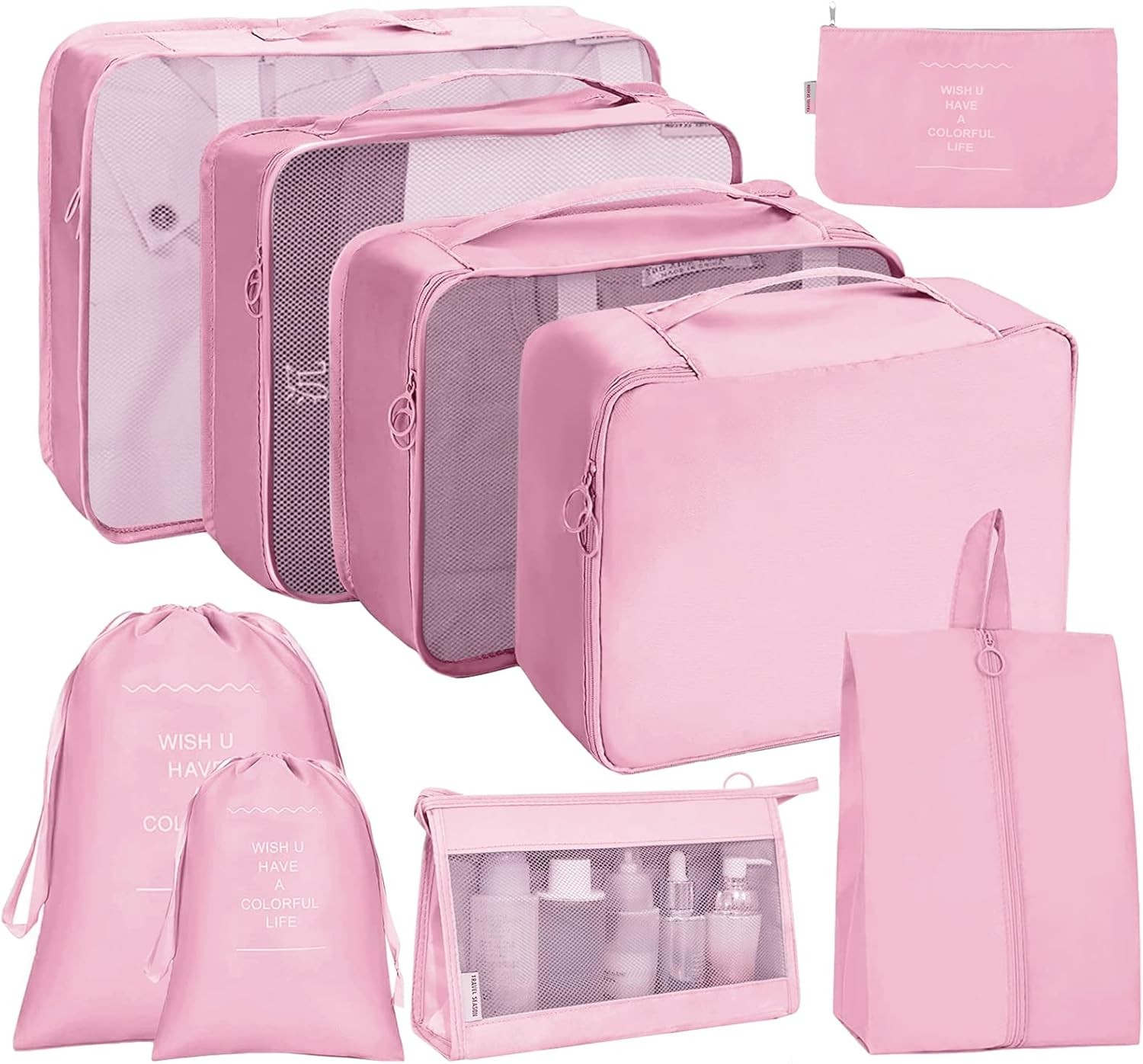 9 Set Pink Packing Cubes Travel Luggage Organizer Packing Bags for Carry on Suitcases