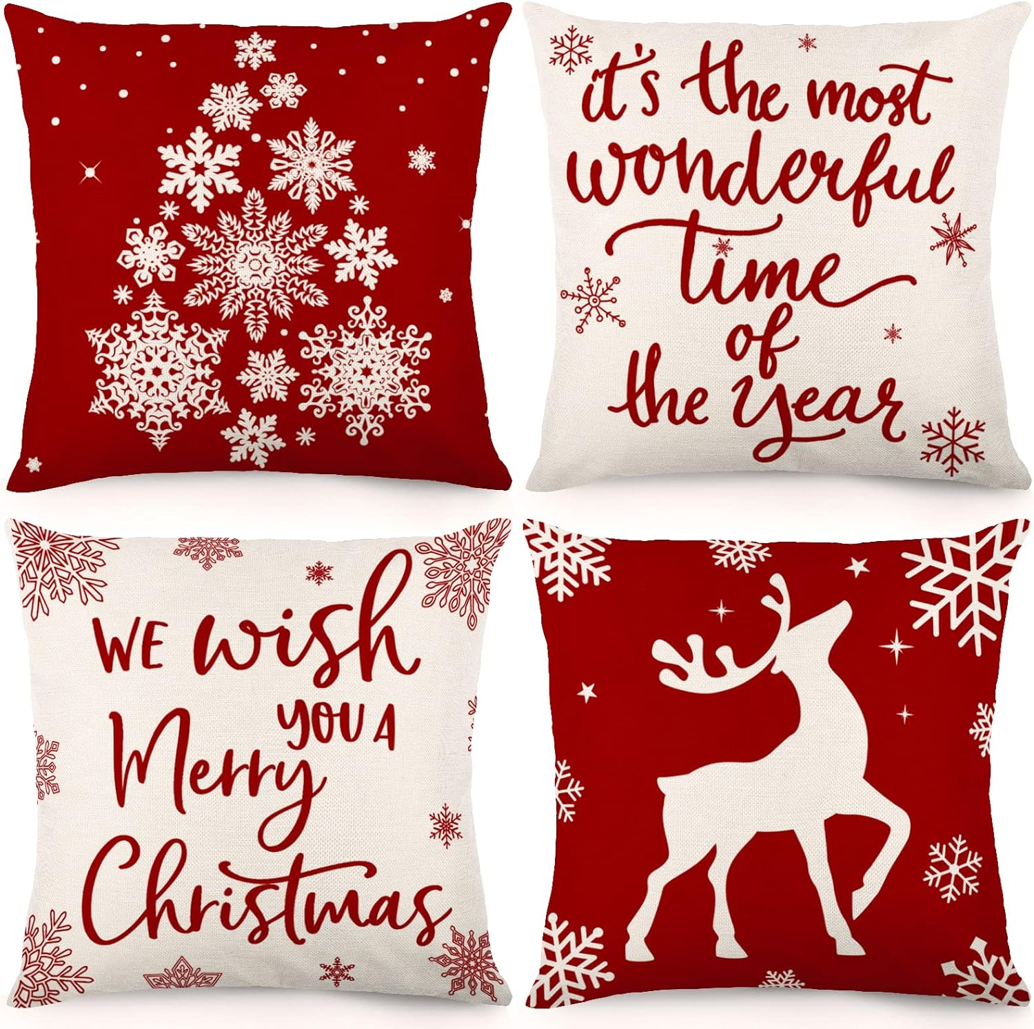 HOLICOLOR Christmas Decorations Red Christmas Pillow Covers 18X18 Inch Set of 4 Farmhouse Throw Pillowcase Snowflake Deer Winter Holiday Linen Cushion Case for Home Christmas Decor