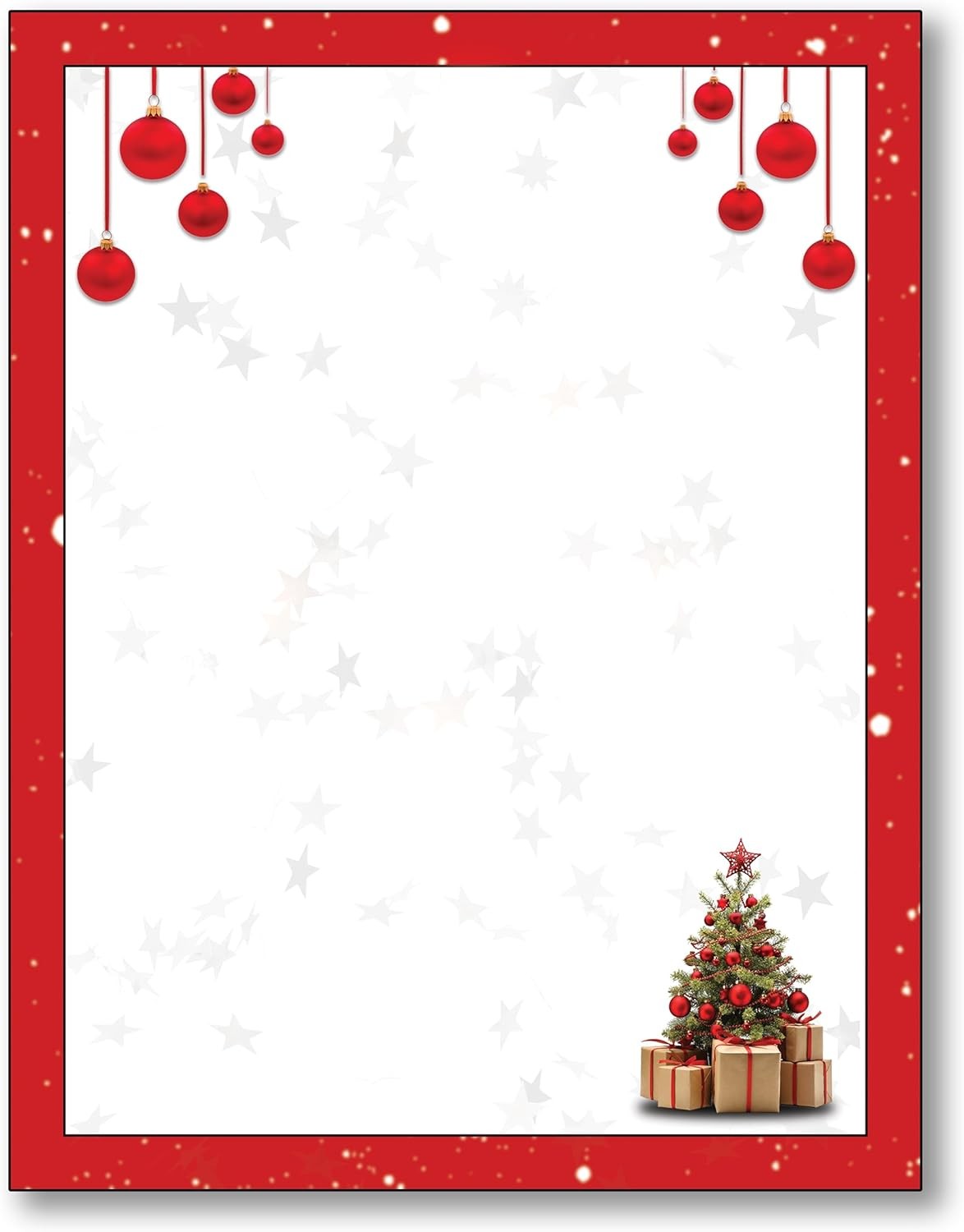 Red Bulbs & Christmas Tree Stationery Paper – 80 Sheets of Letterhead for Winter & Holiday Events