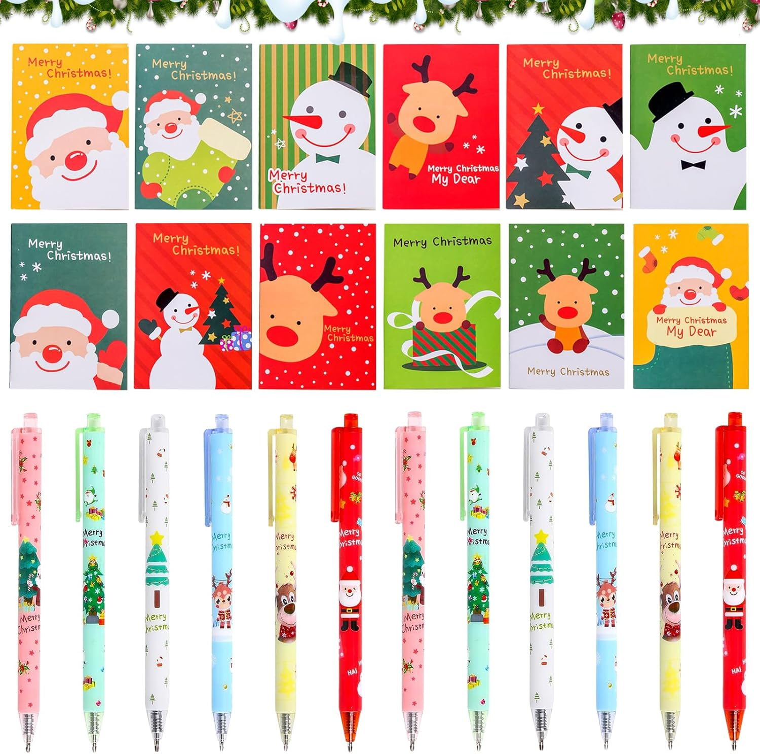 Christmas Gel Pen Set, 12 Christmas Gel Ink Pens Cartoon + 12 Mini Christmas Notepads, Ballpoint Pen Stationery Set, Christmas Party Gift, School Office, Family Party Bag Fountain Pen