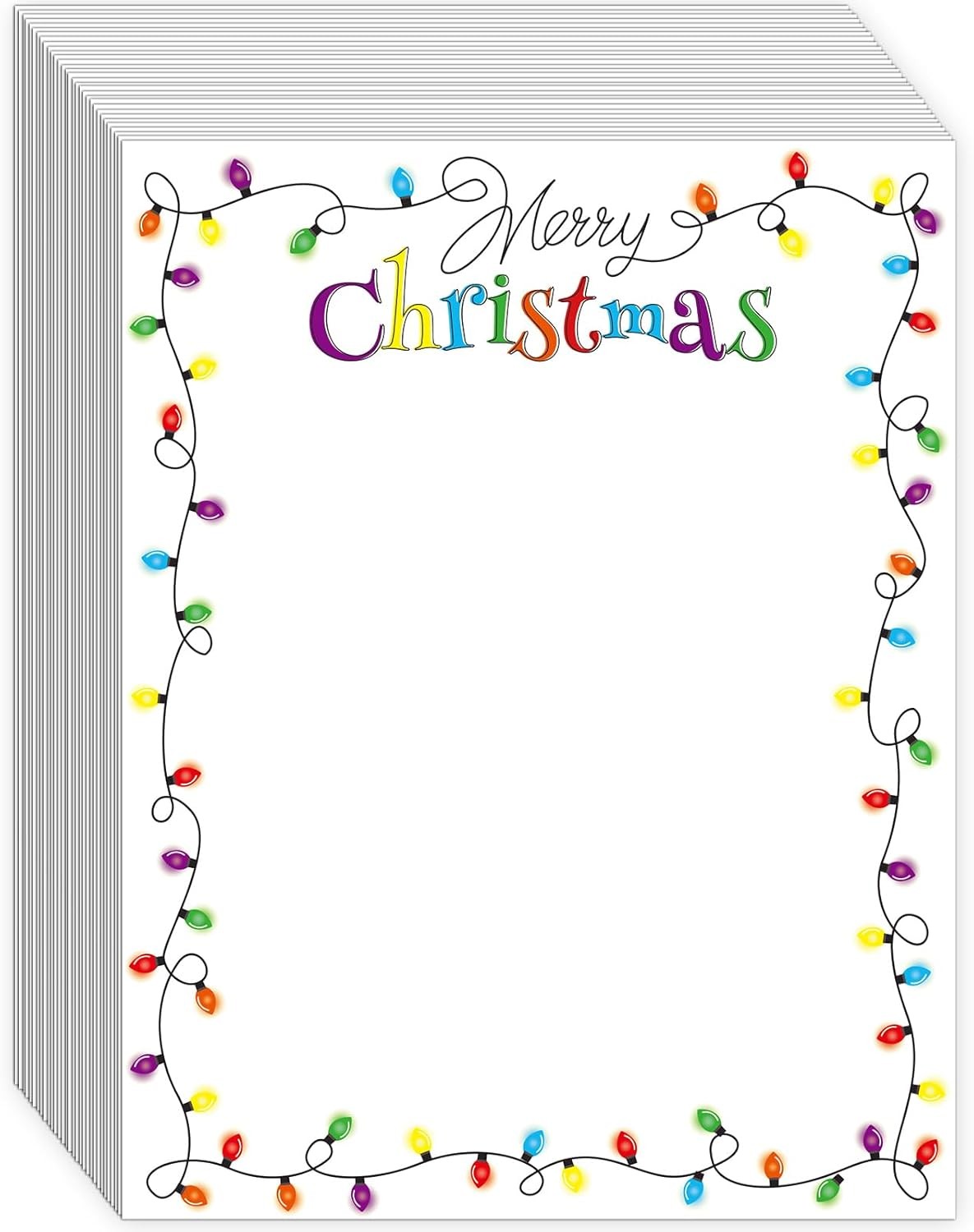 Lonfliness 100 PCS Christmas Light Bulbs Letterhead Christmas Border Computer Paper Stationery Paper for Note Letters to Santa Holiday Printer Paper Invitations Office School 8.5 X 11 In