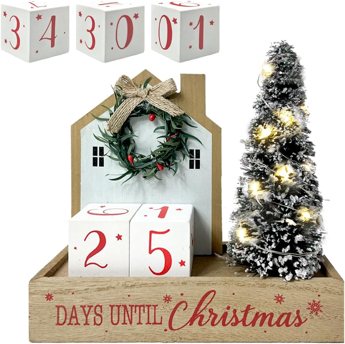 Homirable Christmas Tree Countdown Block LED Lighted Days until Christmas Wreath Calendar Tabletop Number Date Rustic Wooden Home Decor Holiday Xmas Ornament Desk Decoration Gift