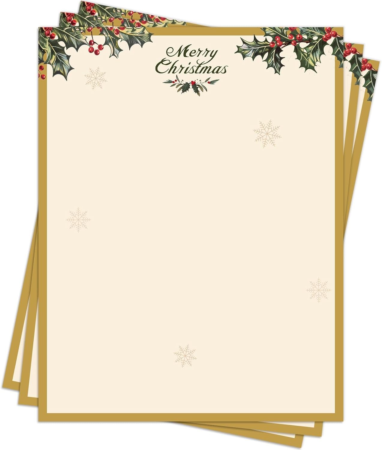 Lonfliness 100 PCS Vintage Christmas Holly Letterhead Christmas Border Computer Paper Stationery Paper for Note Letters to Santa Holiday Printer Paper Invitations Office School 8.5 X 11 In