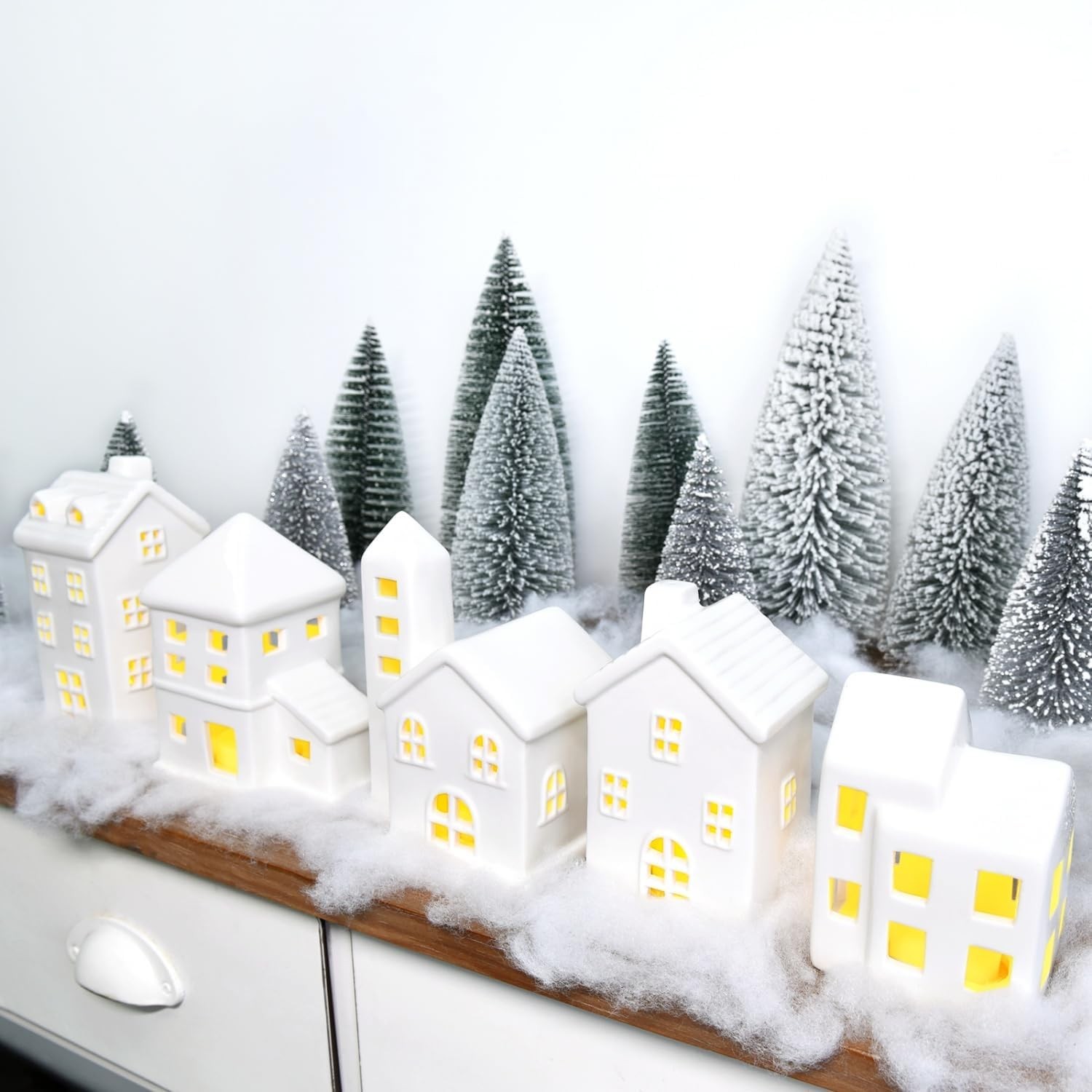 JETEHO Ceramic Christmas Village Houses 5 Pcs White Christmas Houses & 9 Pcs Christmas Trees & Fake Snow Farmhouse Christmas Decorations Indoor for Home Table Mantle Fireplace