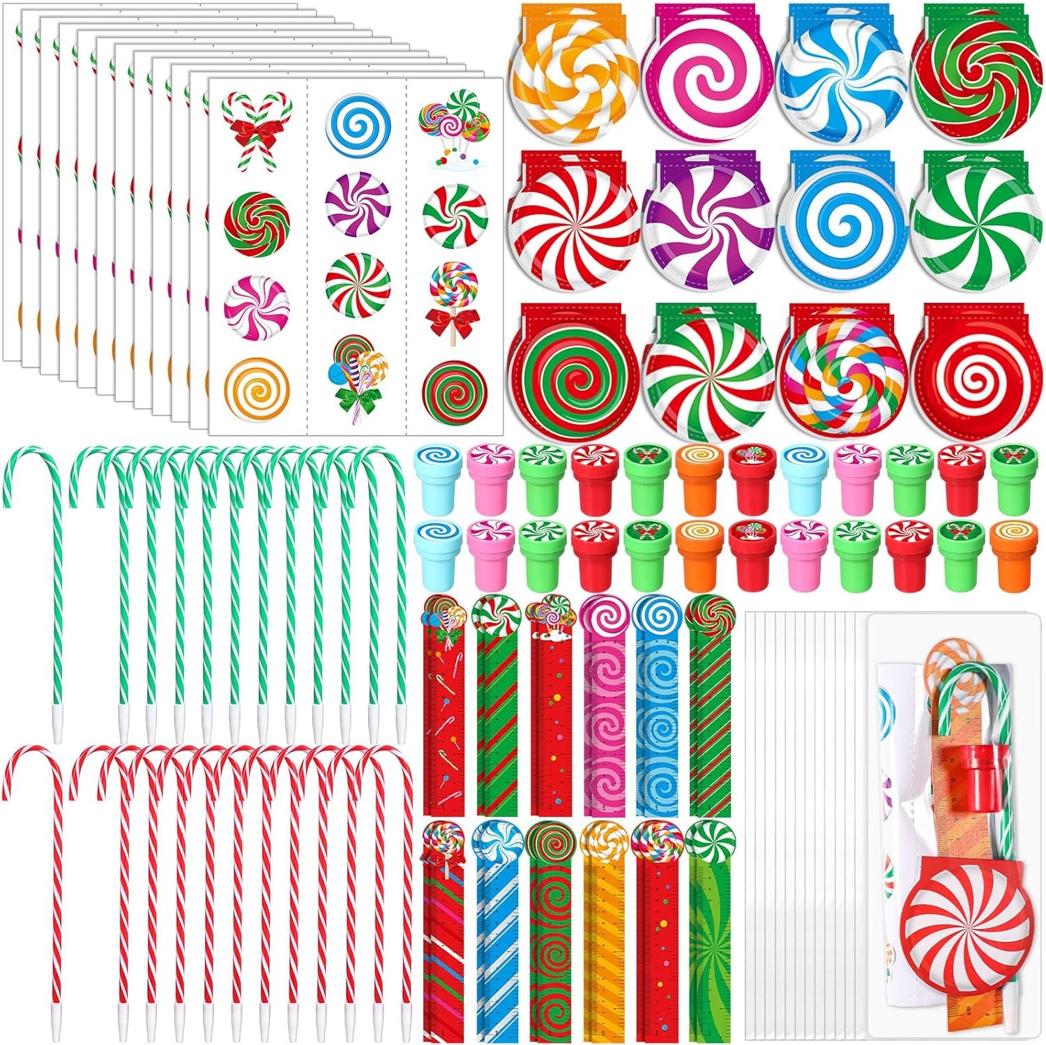 Containlol 24 Pack Christmas Students Classroom Gifts Bulk Candy Land Themed Xmas Stationery Party Favors Set Small Notebooks Candy Cane Pens Stickers Goody Bag Stuffers for Winter Holiday Prizes